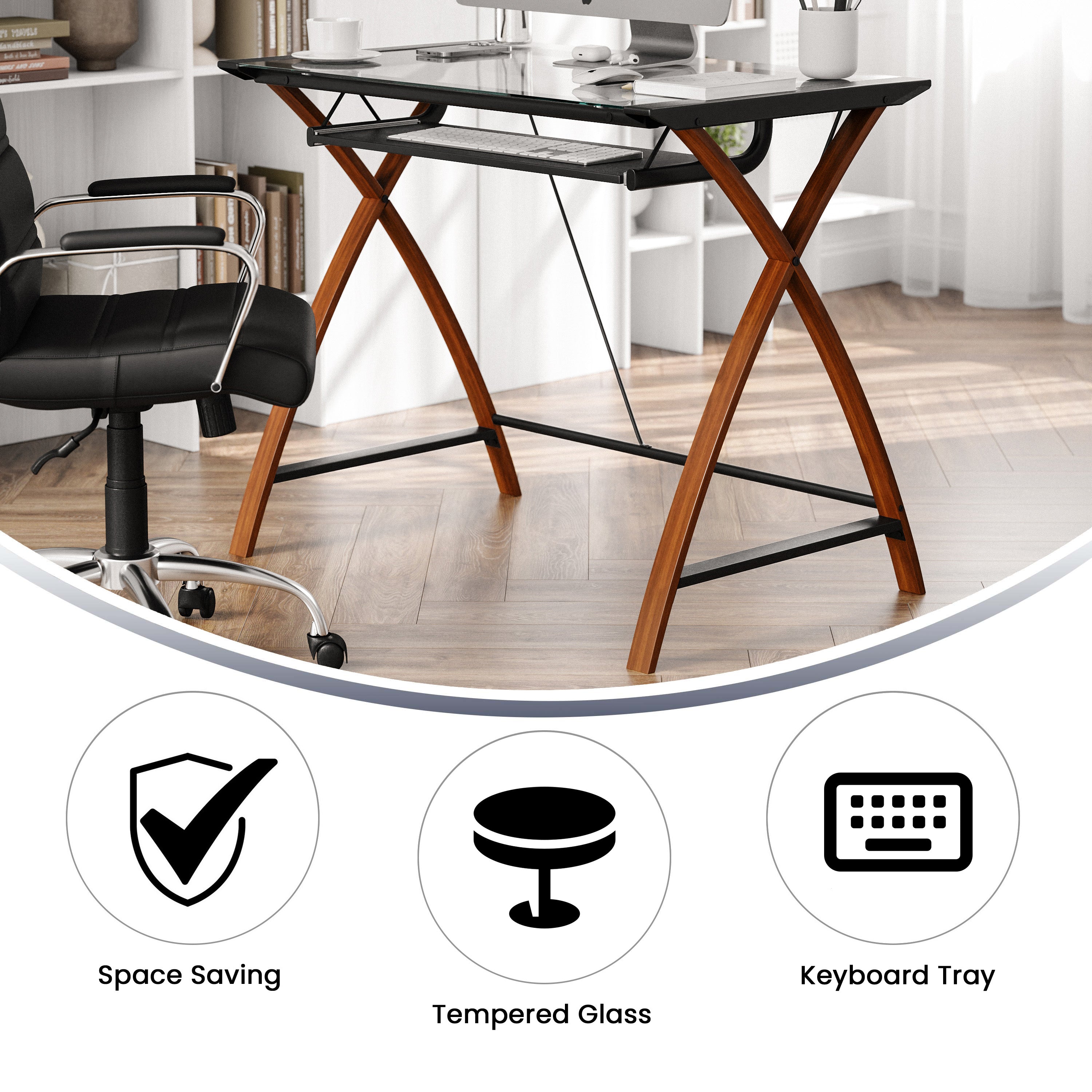 Glass Computer Desk with Pull-Out Keyboard Tray and Crisscross Frame