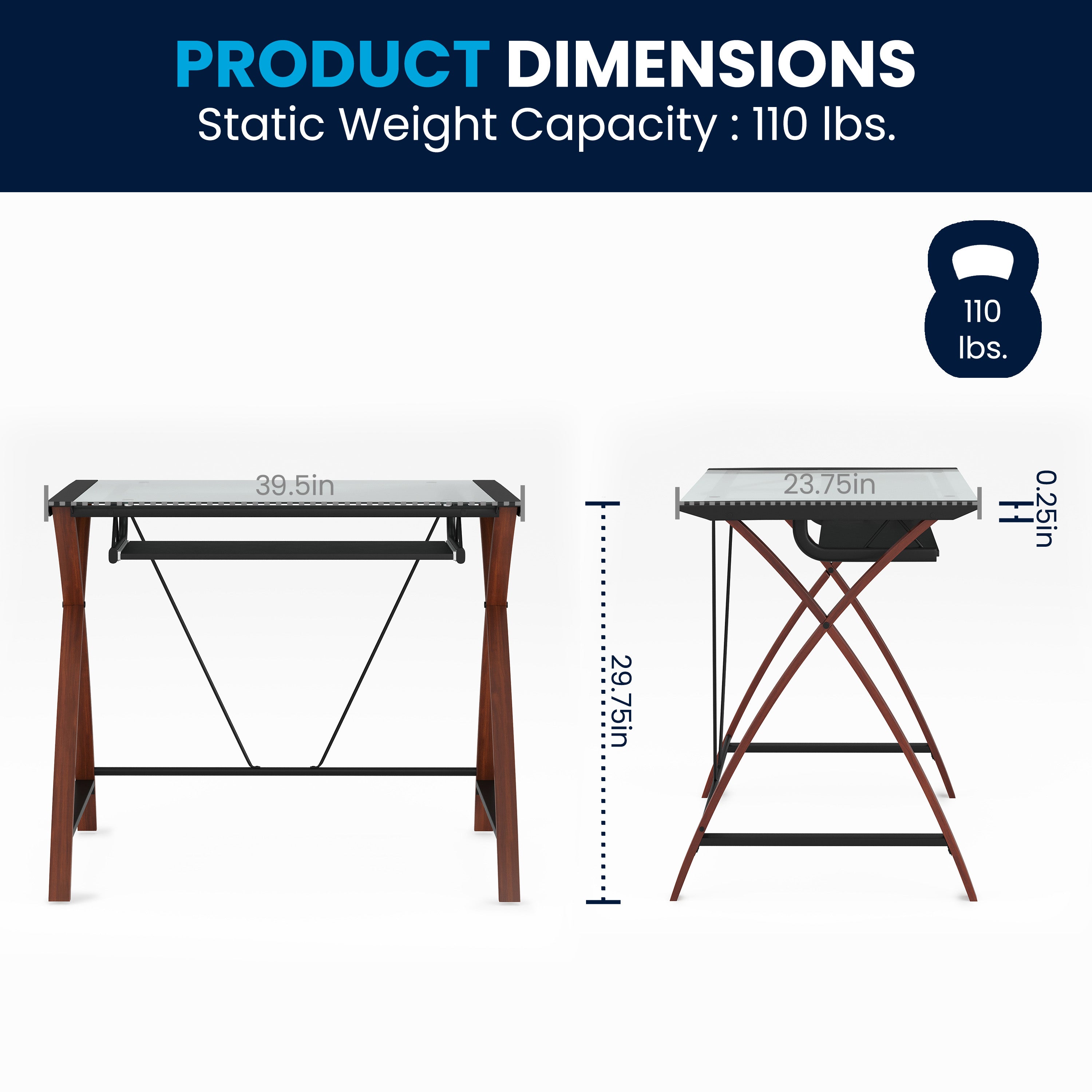 Glass Computer Desk with Pull-Out Keyboard Tray and Crisscross Frame
