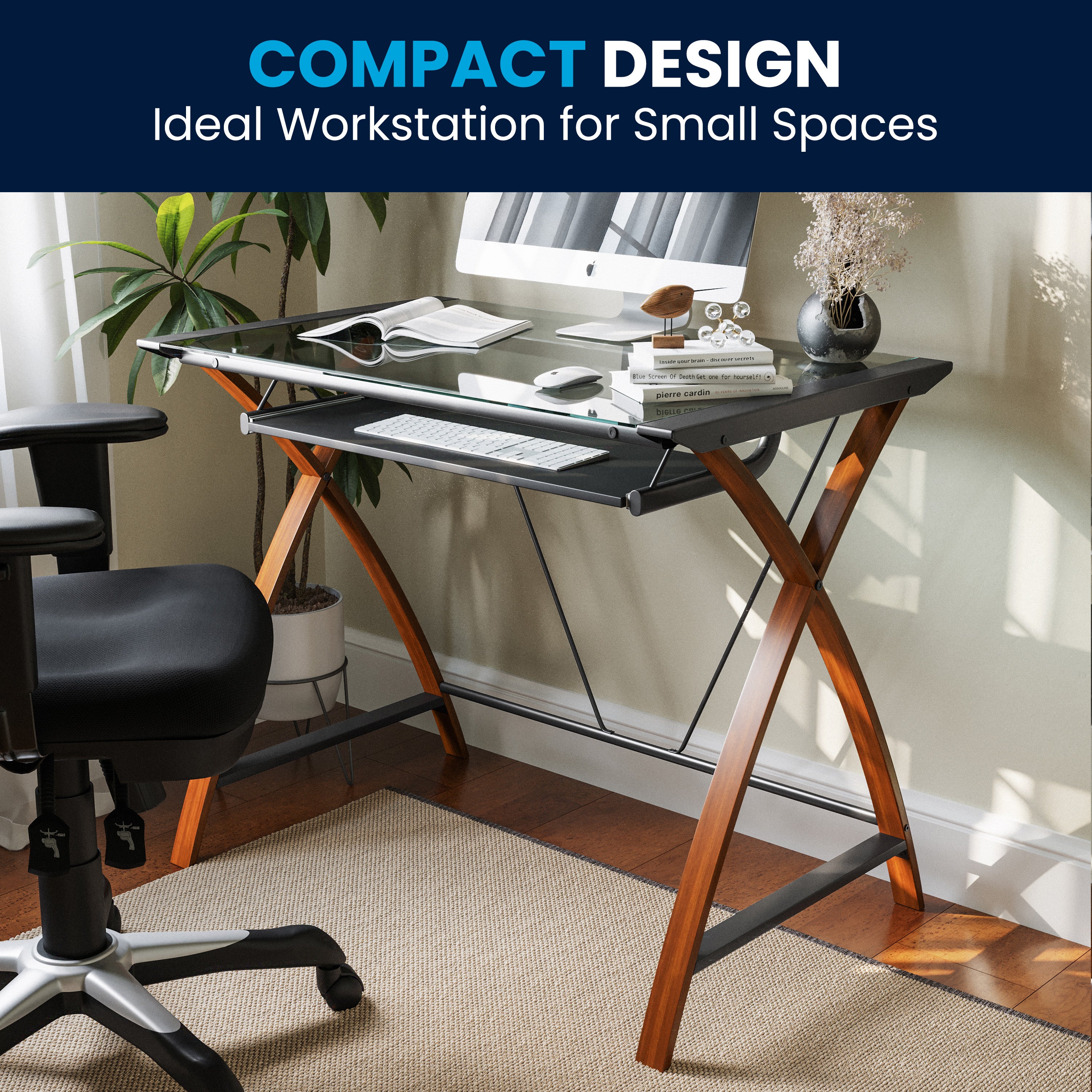 Glass Computer Desk with Pull-Out Keyboard Tray and Crisscross Frame