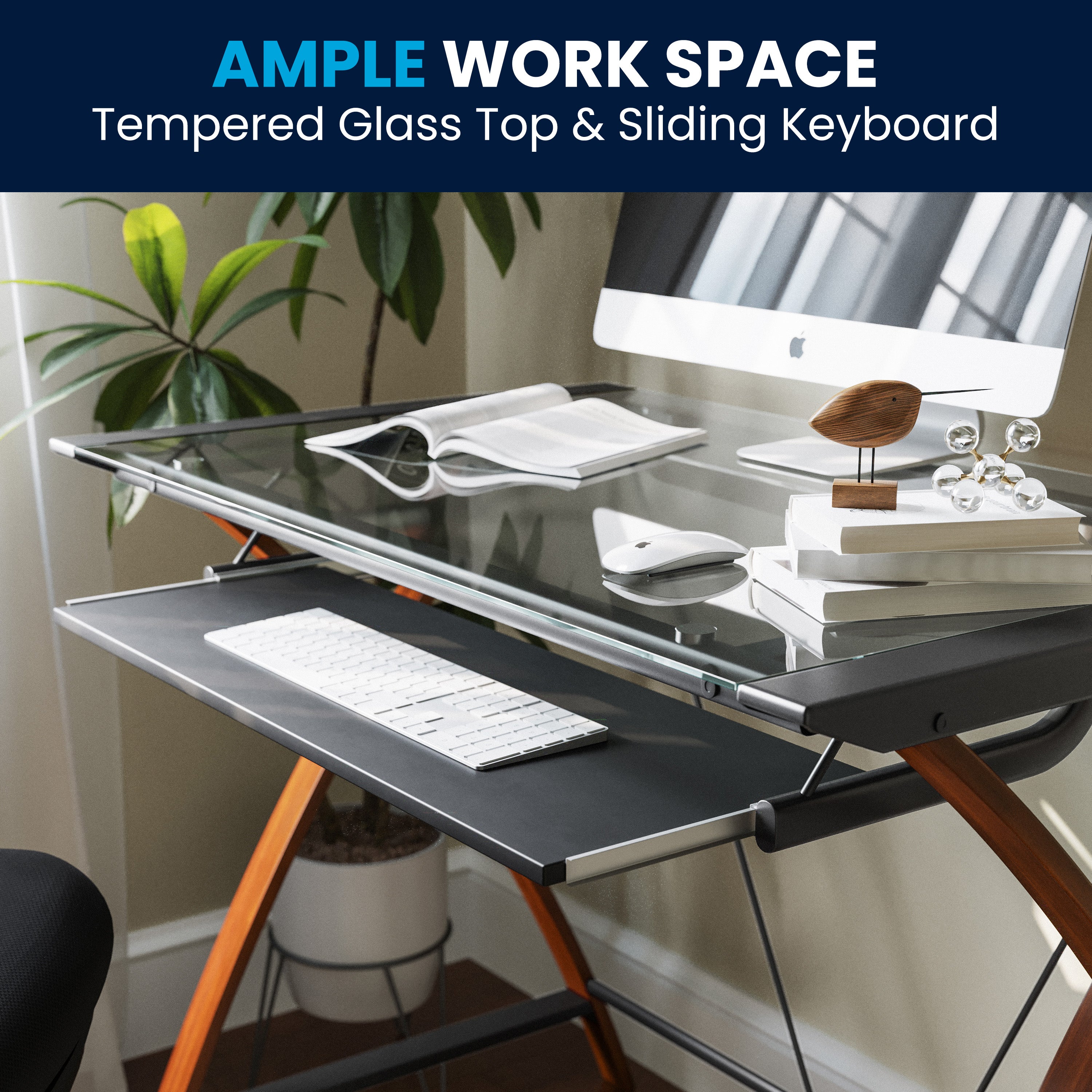 Glass Computer Desk with Pull-Out Keyboard Tray and Crisscross Frame