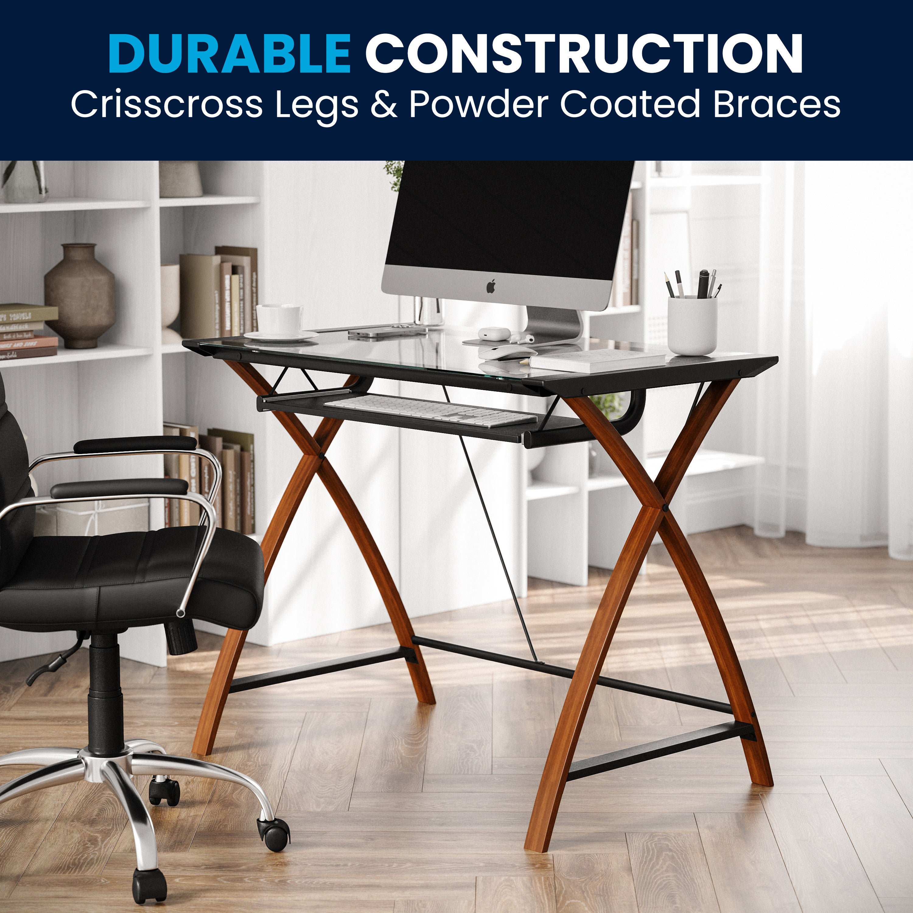 Glass Computer Desk with Pull-Out Keyboard Tray and Crisscross Frame