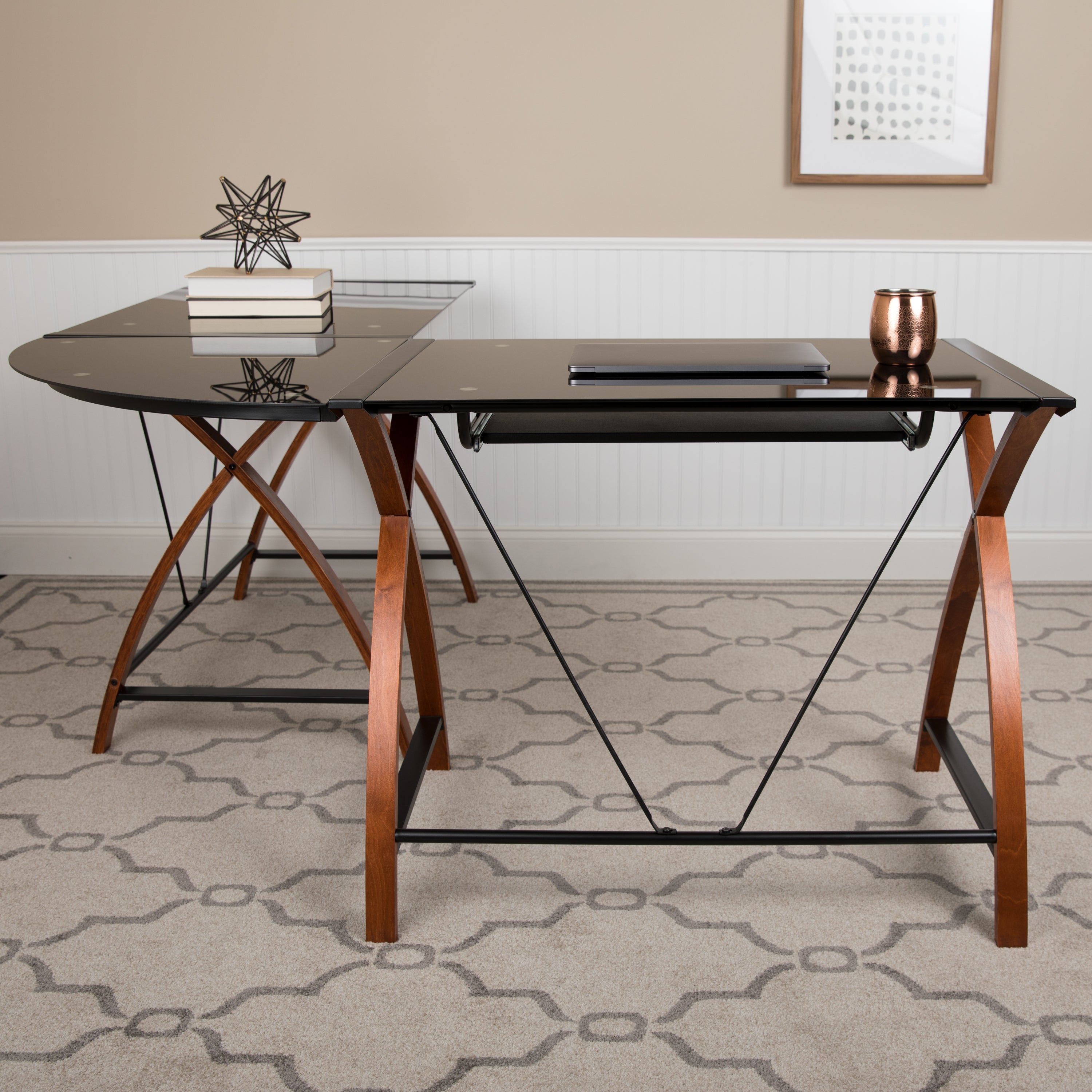 Glass L-Shape Corner Computer Desk with Pull-Out Keyboard Tray