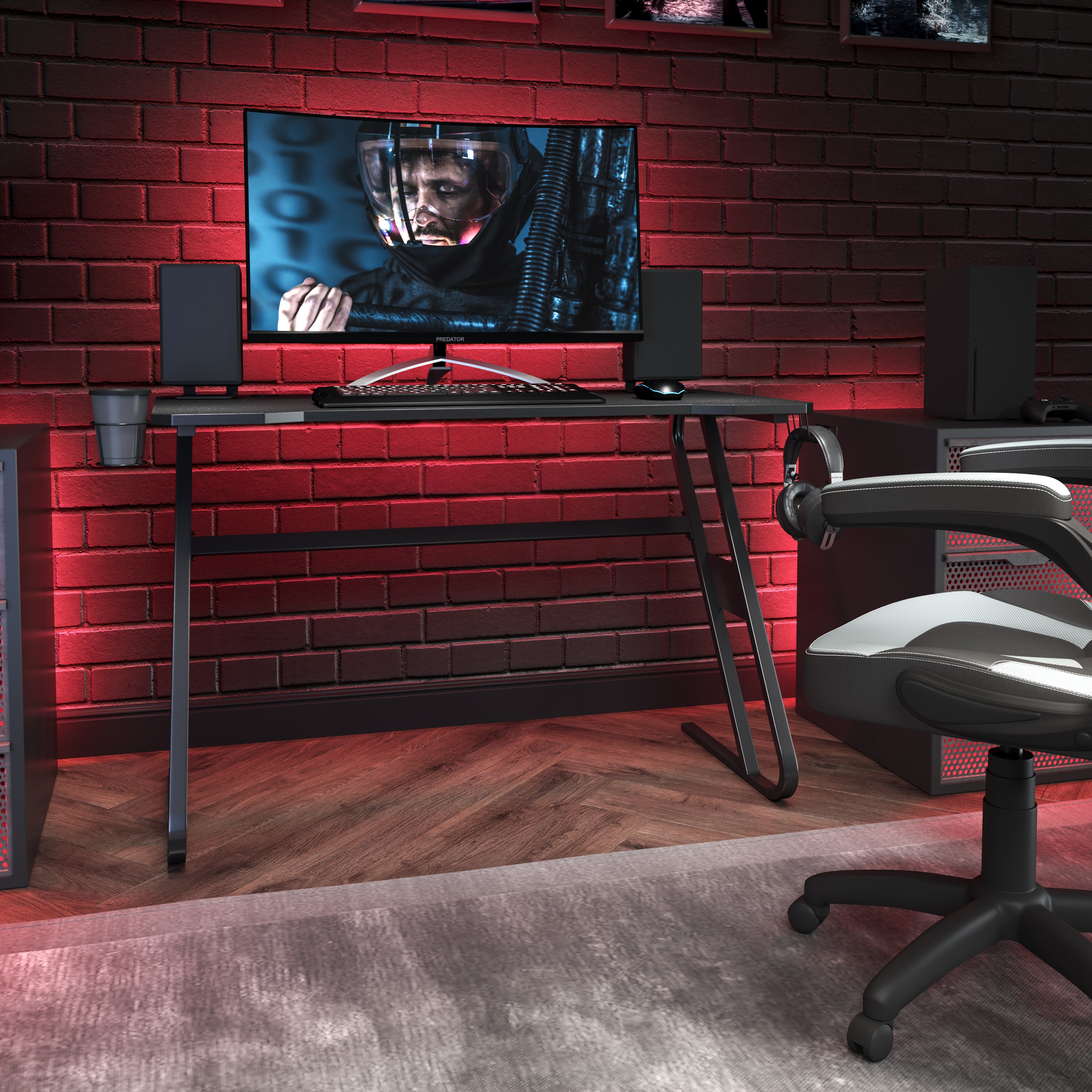 Gaming Ergonomic Desk with Cup Holder and Headphone Hook