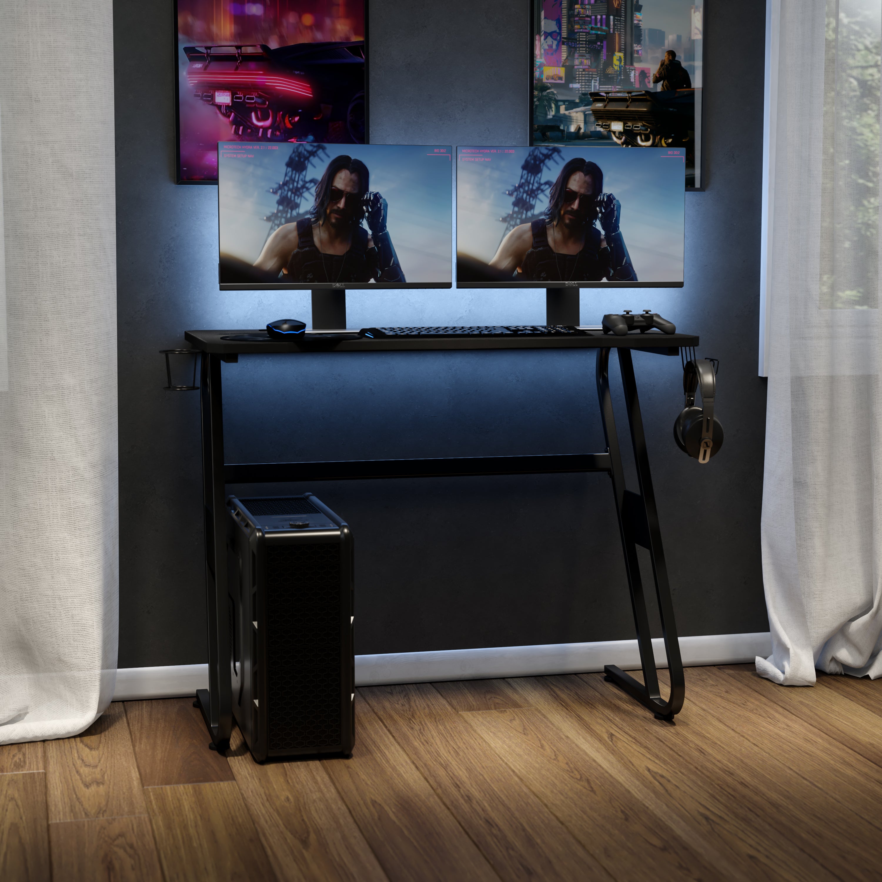 Gaming Ergonomic Desk with Cup Holder and Headphone Hook