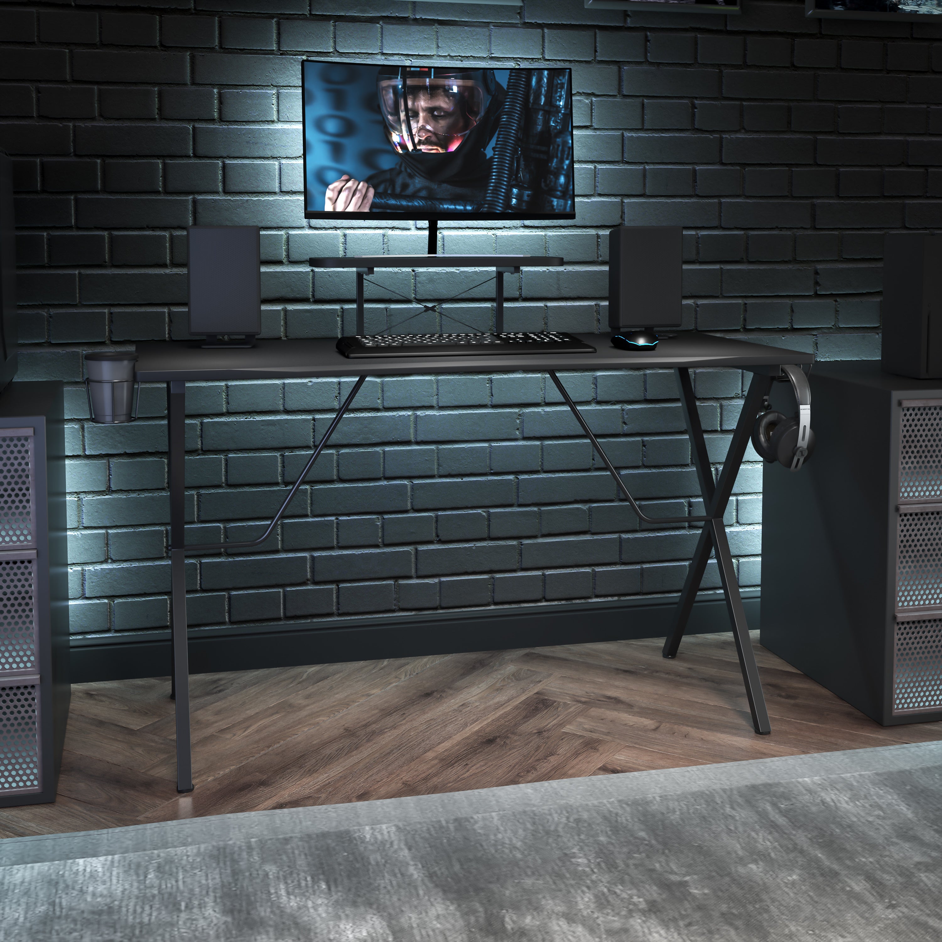 Gaming Desk with Cup Holder, Headphone Hook, and Monitor/Smartphone Stand-Desk-Flash Furniture-Wall2Wall Furnishings