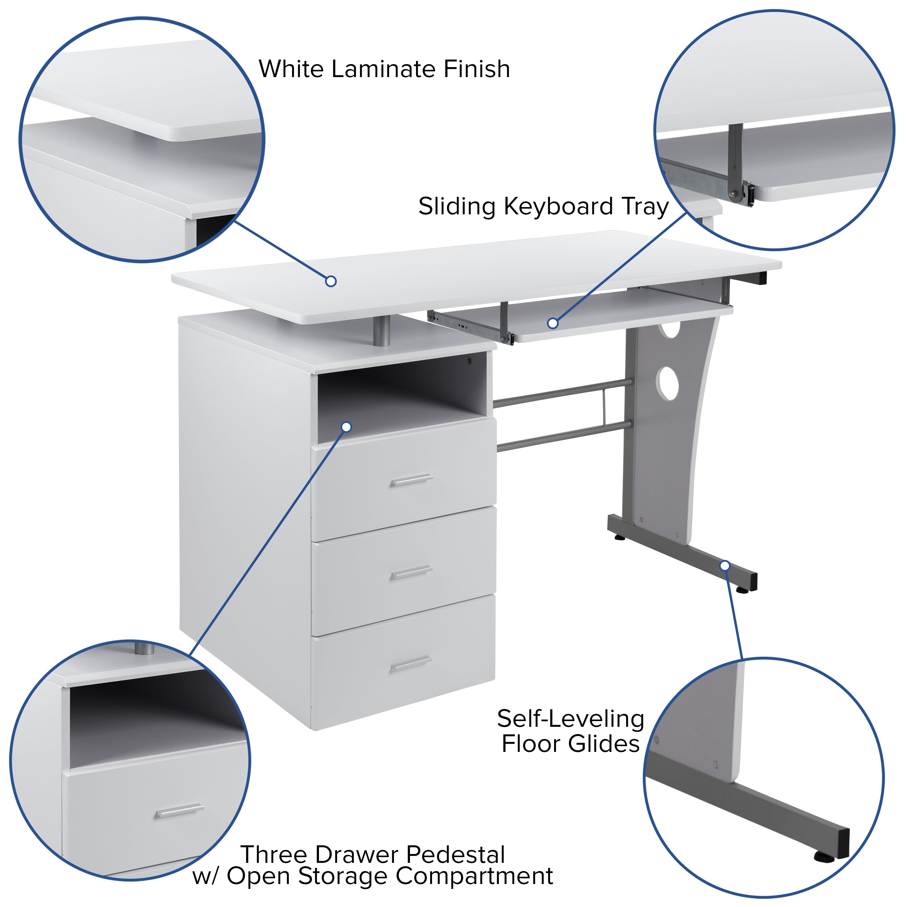 Computer Desk with Three Drawer Single Pedestal and Pull-Out Keyboard Tray