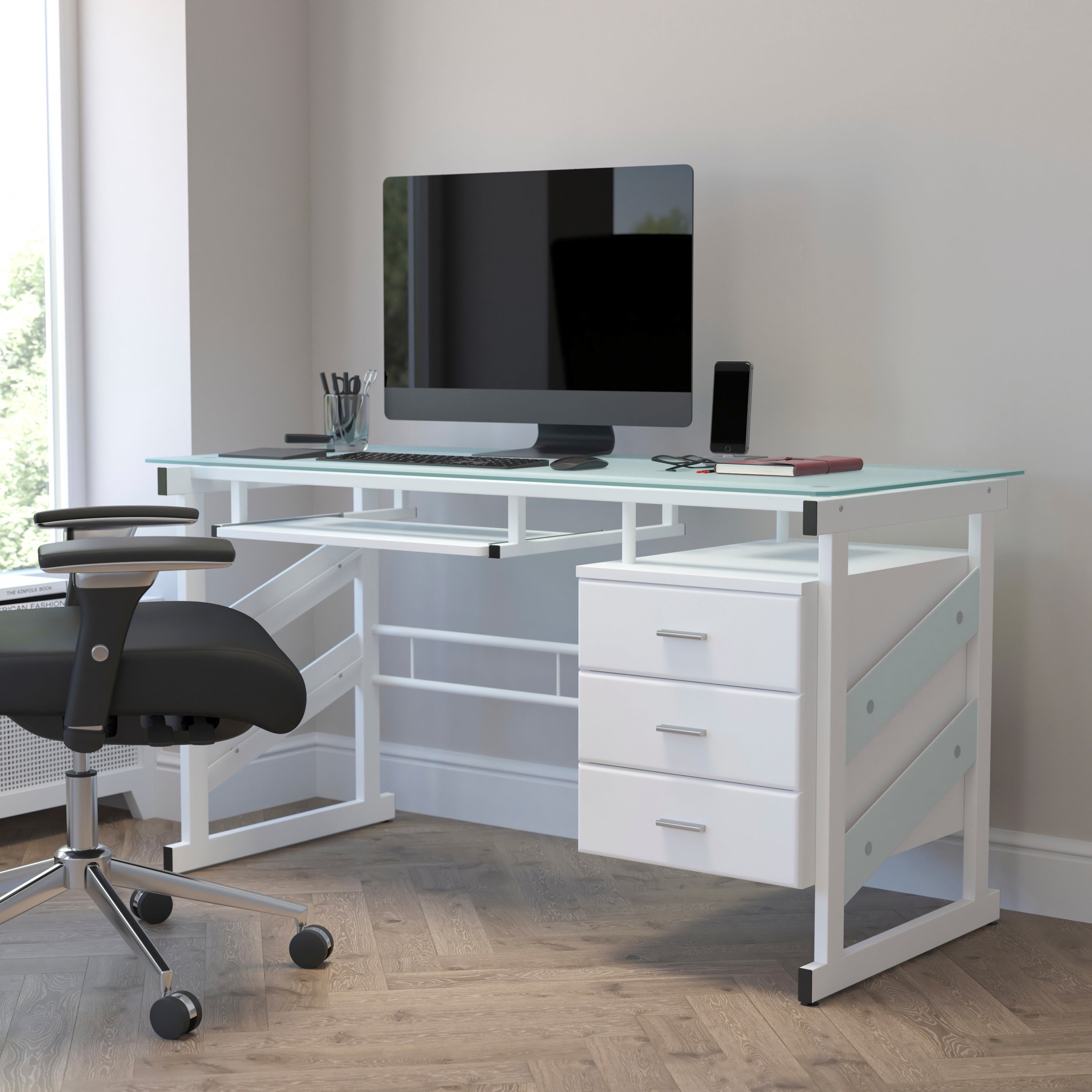 Computer Desk with Three Drawer Pedestal
