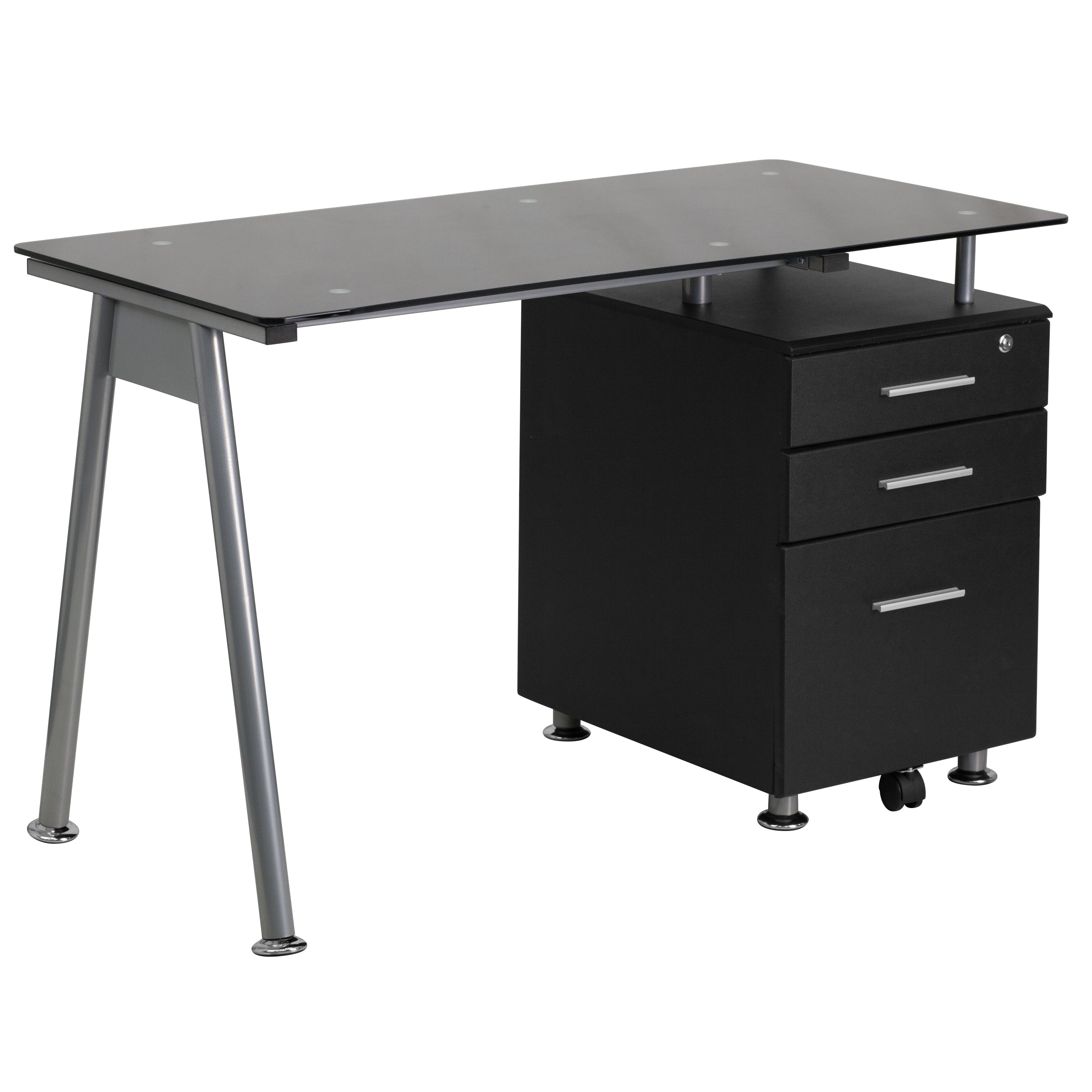 Glass Computer Desk with Three Drawer Pedestal-Desk-Flash Furniture-Wall2Wall Furnishings