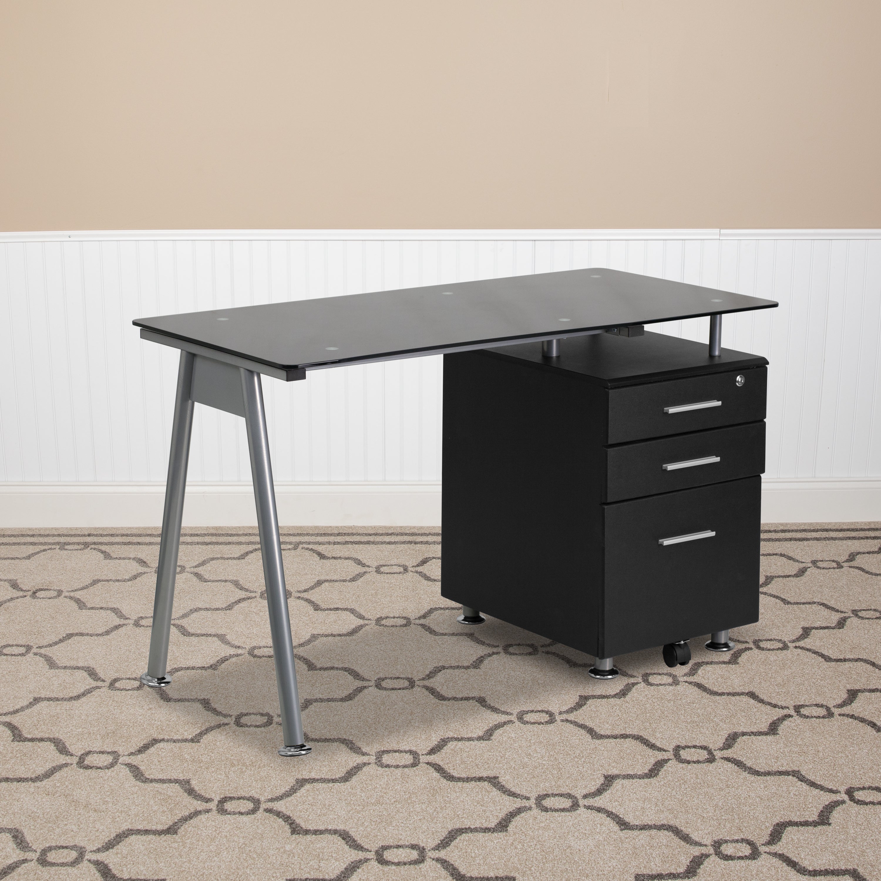 Glass Computer Desk with Three Drawer Pedestal-Desk-Flash Furniture-Wall2Wall Furnishings