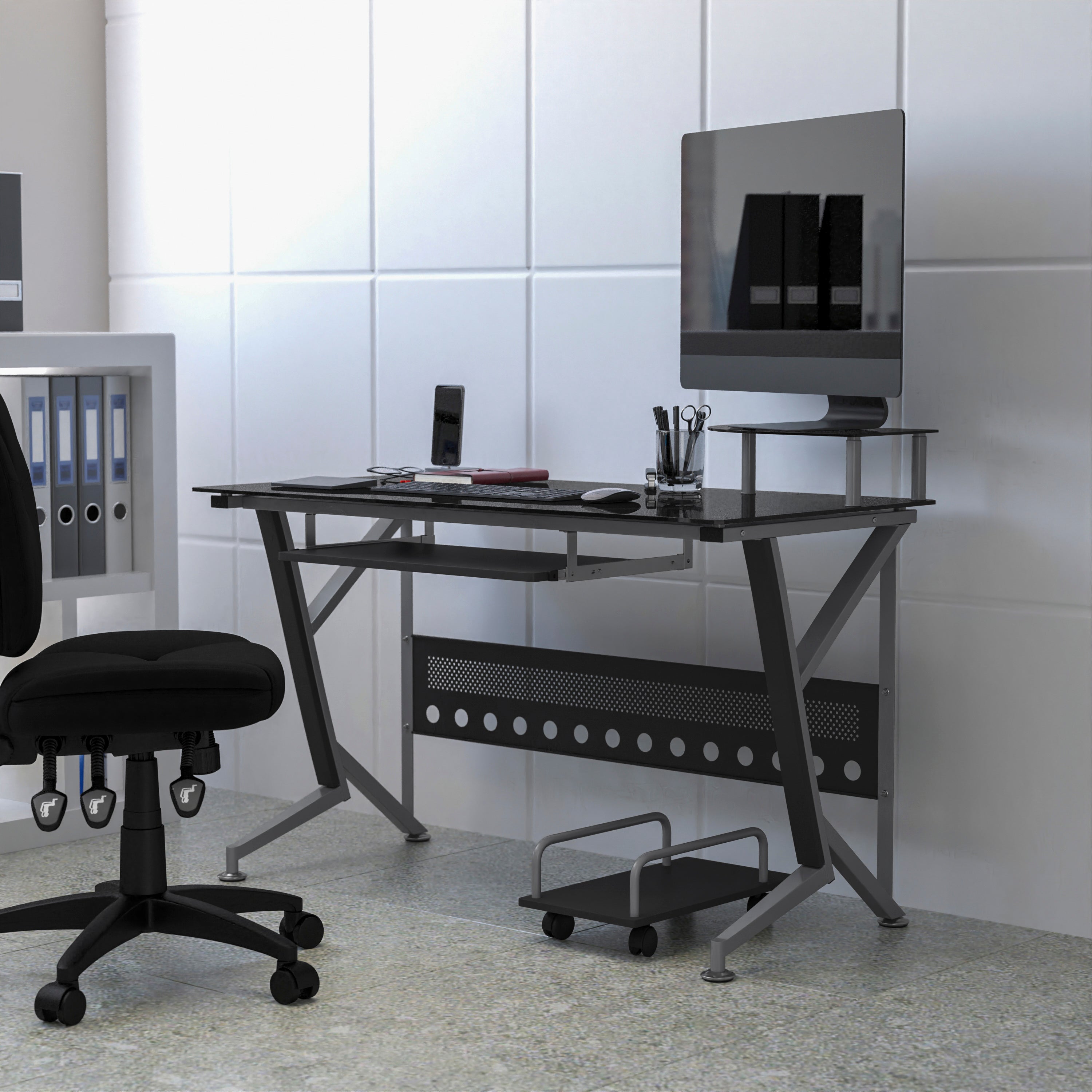 Glass Computer Desk with Pull-Out Keyboard Tray and CPU Cart-Desk-Flash Furniture-Wall2Wall Furnishings