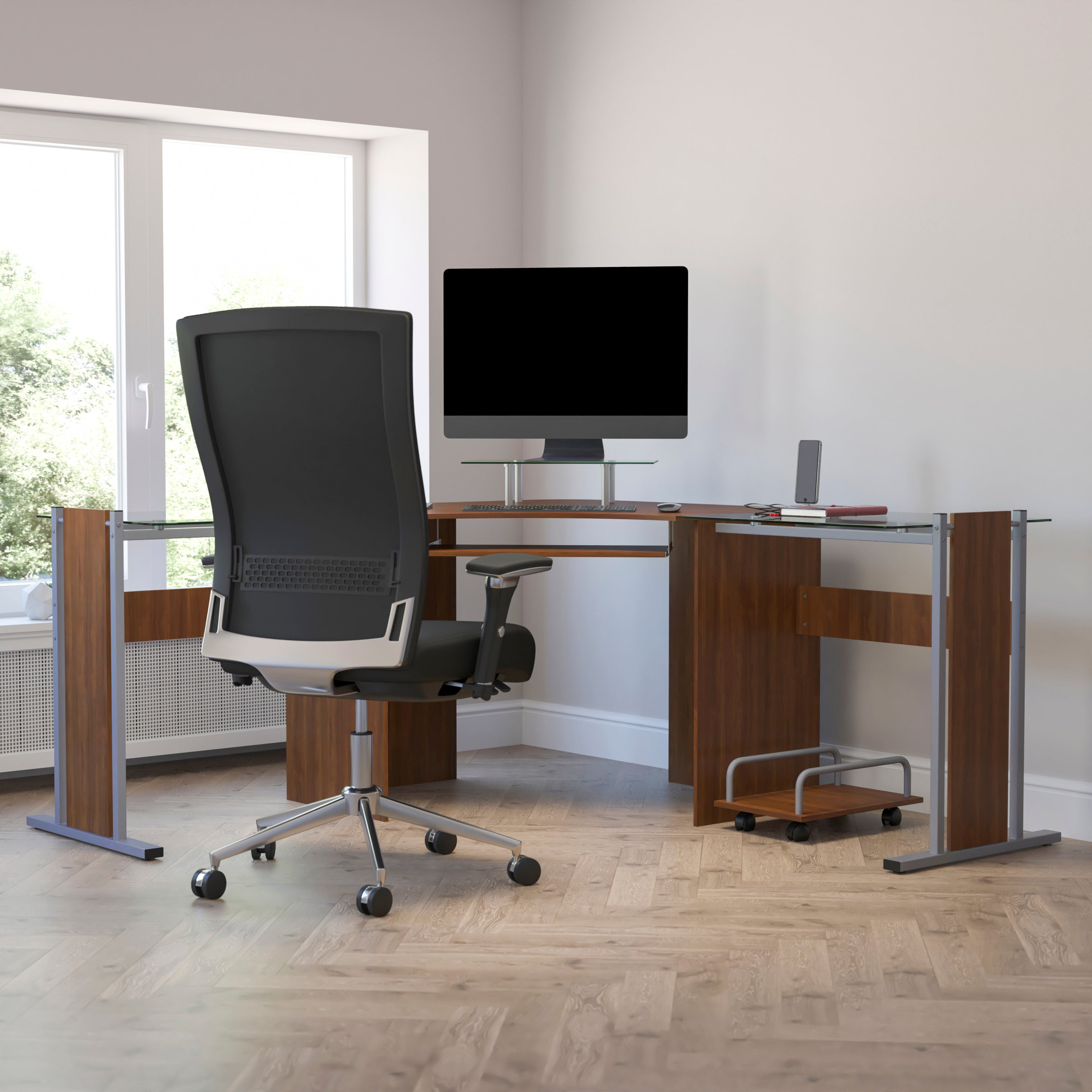 Laminate Corner Desk with Pull-Out Keyboard Tray and CPU Cart-Desk-Flash Furniture-Wall2Wall Furnishings