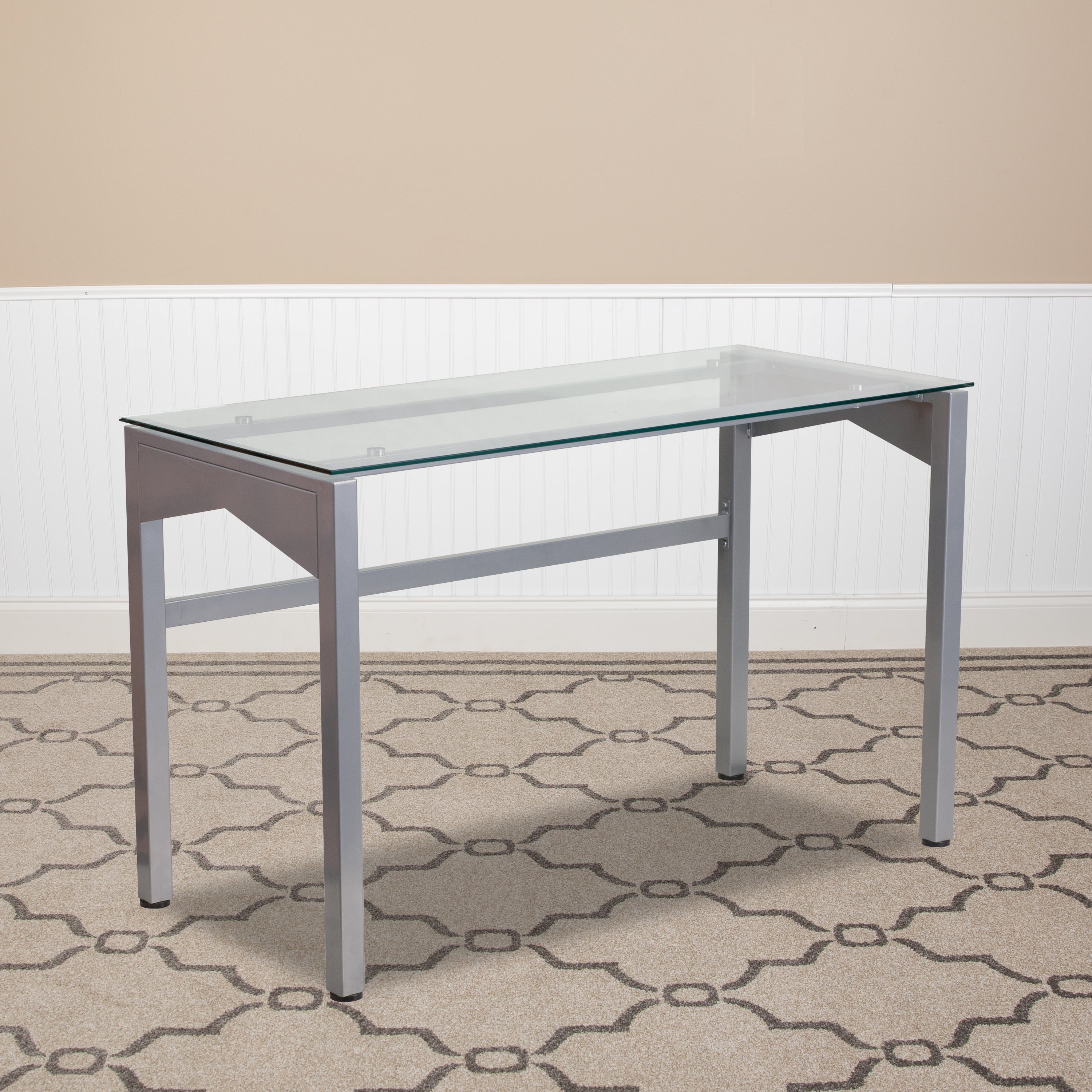 Contemporary Clear Tempered Glass Desk with Geometric Sides-Desk-Flash Furniture-Wall2Wall Furnishings