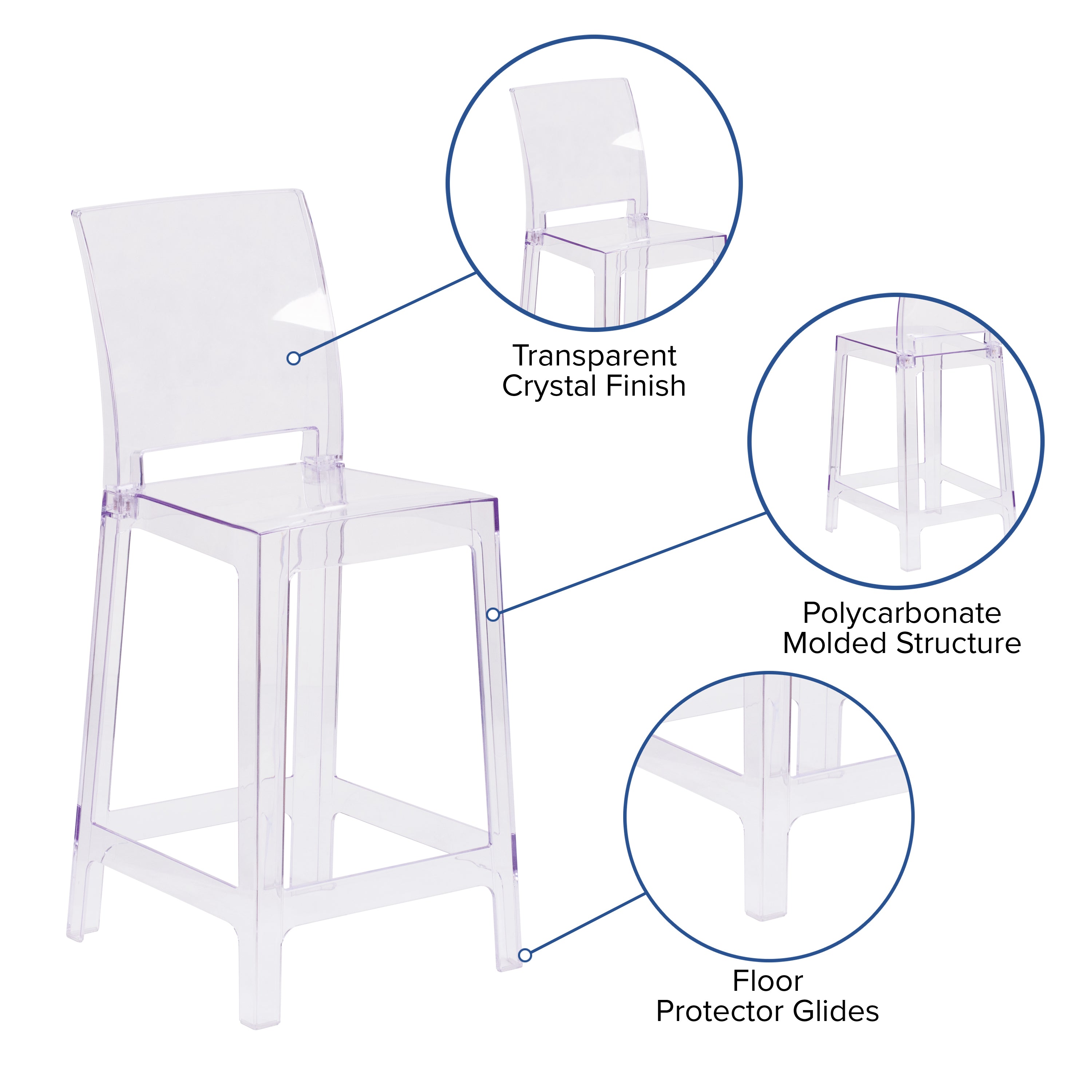 Ghost Counter Stool in Transparent Crystal with Square Back