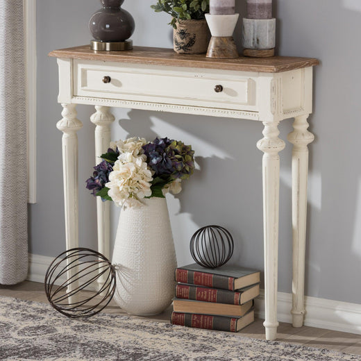 Marquetterie French Provincial Style Weathered and Wash Distressed Finish Wood Two-Tone Console Table