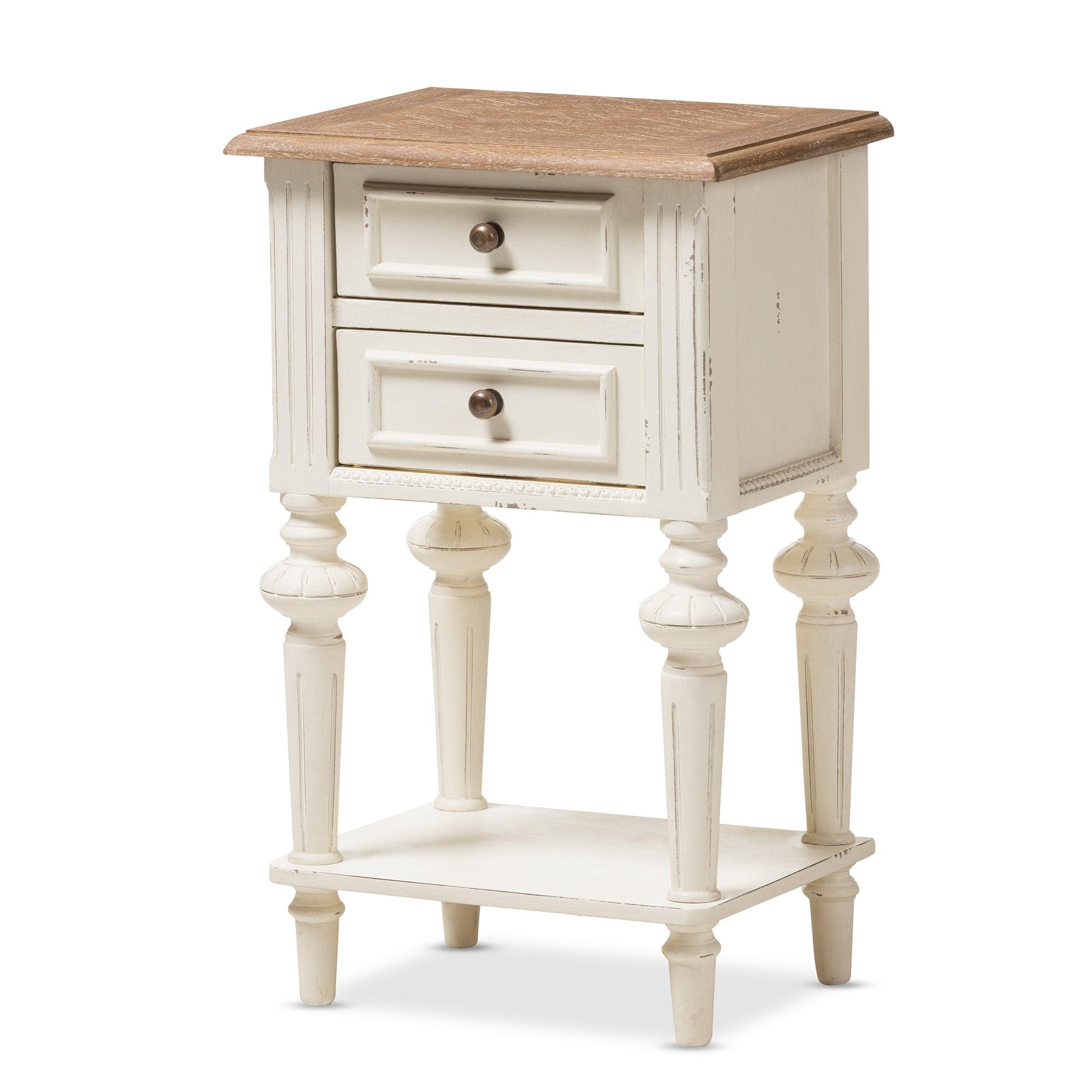 Marquetterie French Provincial Style Weathered and Wash Distressed Finish Wood Two-Tone 2-Drawer and 1-Shelf Nightstand