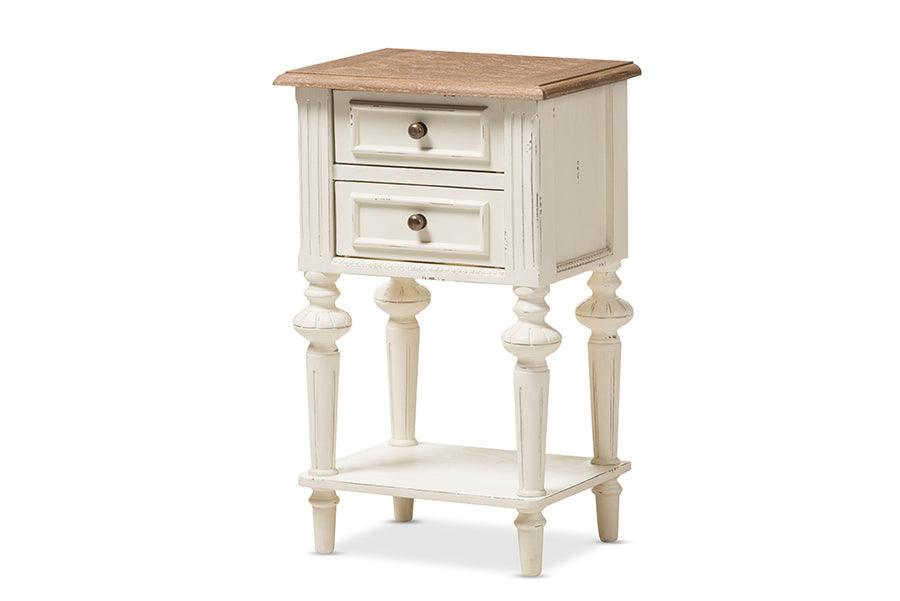 Marquetterie French Provincial Style Weathered and Wash Distressed Finish Wood Two-Tone 2-Drawer and 1-Shelf Nightstand