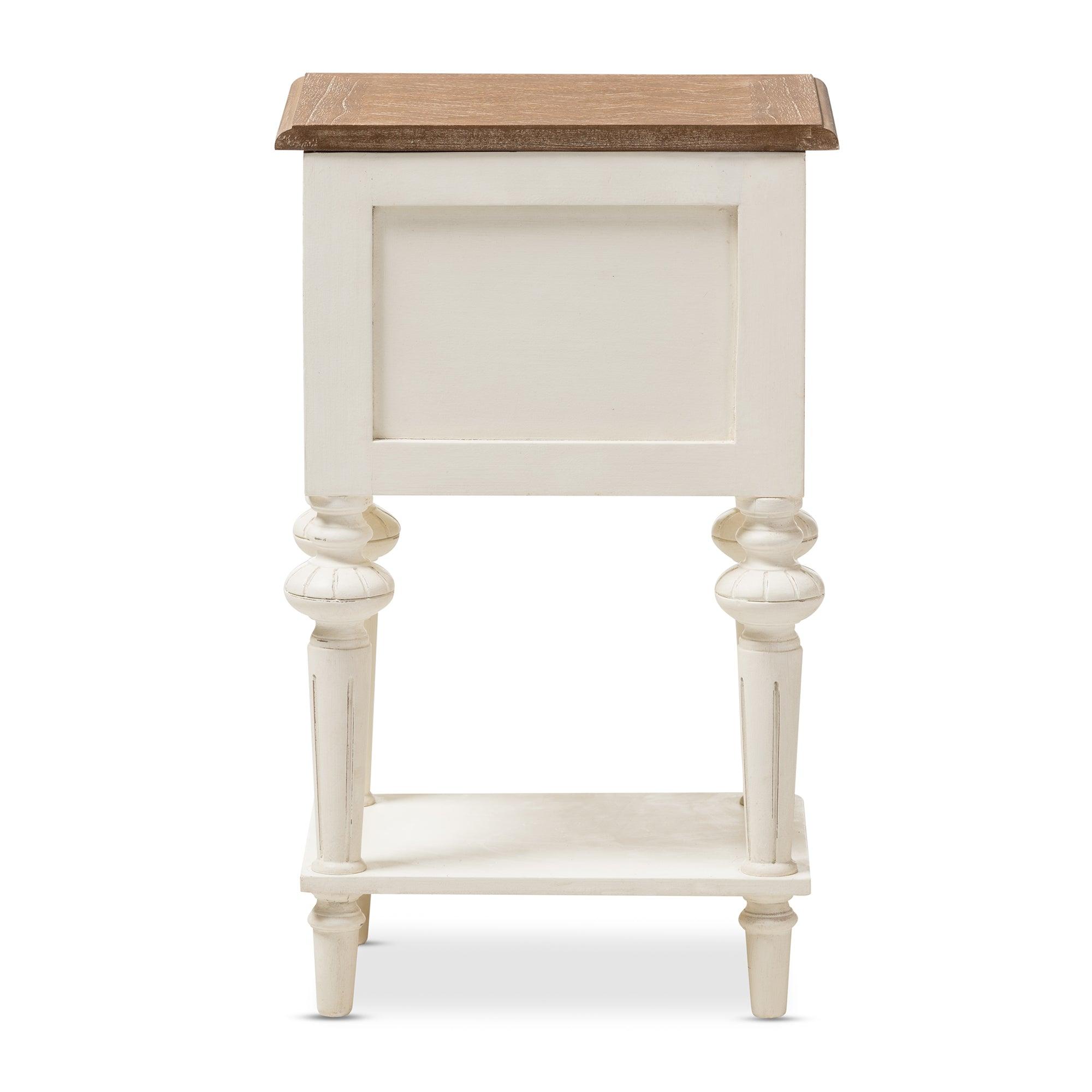 Marquetterie French Provincial Style Weathered and Wash Distressed Finish Wood Two-Tone 2-Drawer and 1-Shelf Nightstand