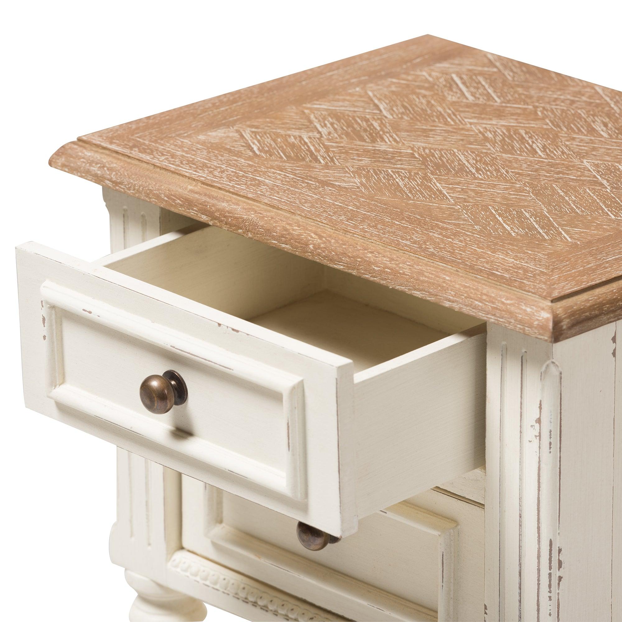 Marquetterie French Provincial Style Weathered and Wash Distressed Finish Wood Two-Tone 2-Drawer and 1-Shelf Nightstand