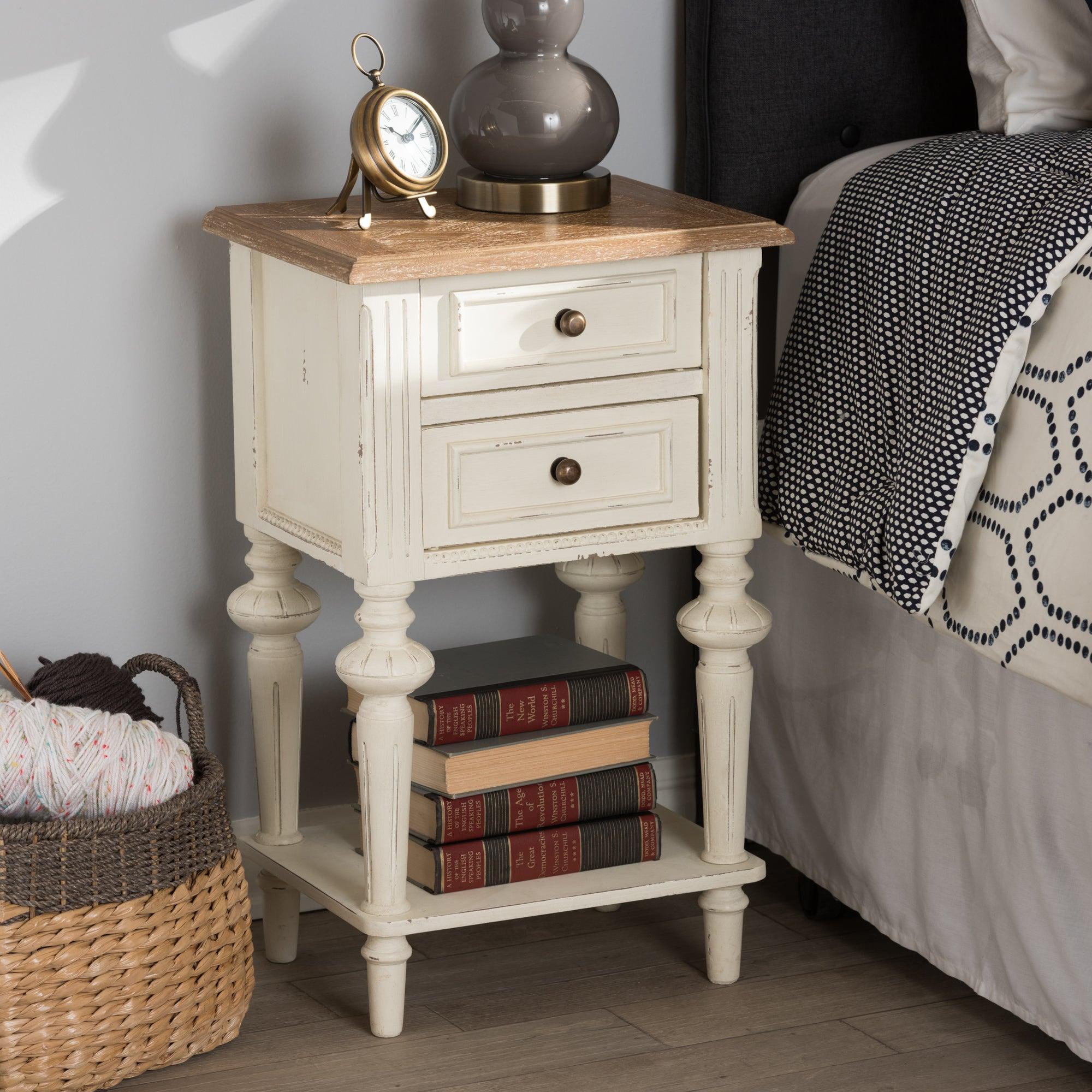 Marquetterie French Provincial Style Weathered and Wash Distressed Finish Wood Two-Tone 2-Drawer and 1-Shelf Nightstand