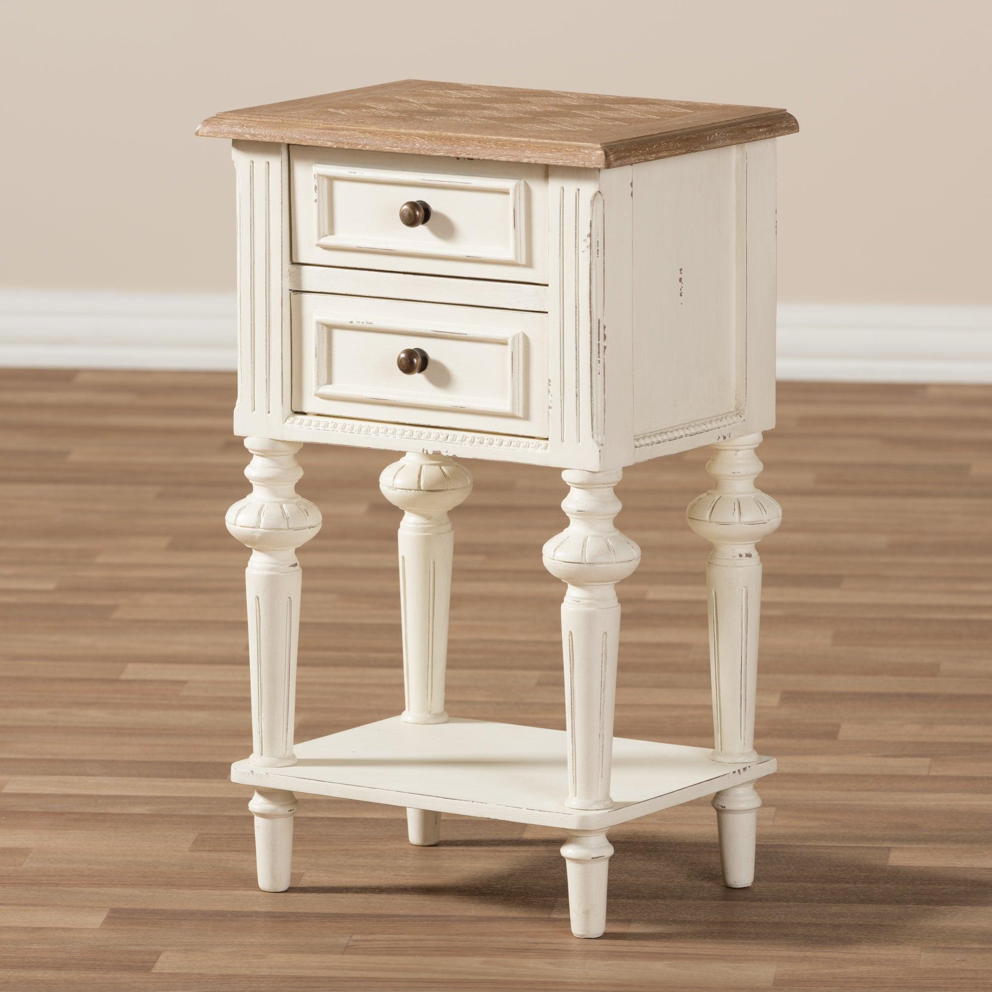 Marquetterie French Provincial Style Weathered and Wash Distressed Finish Wood Two-Tone 2-Drawer and 1-Shelf Nightstand