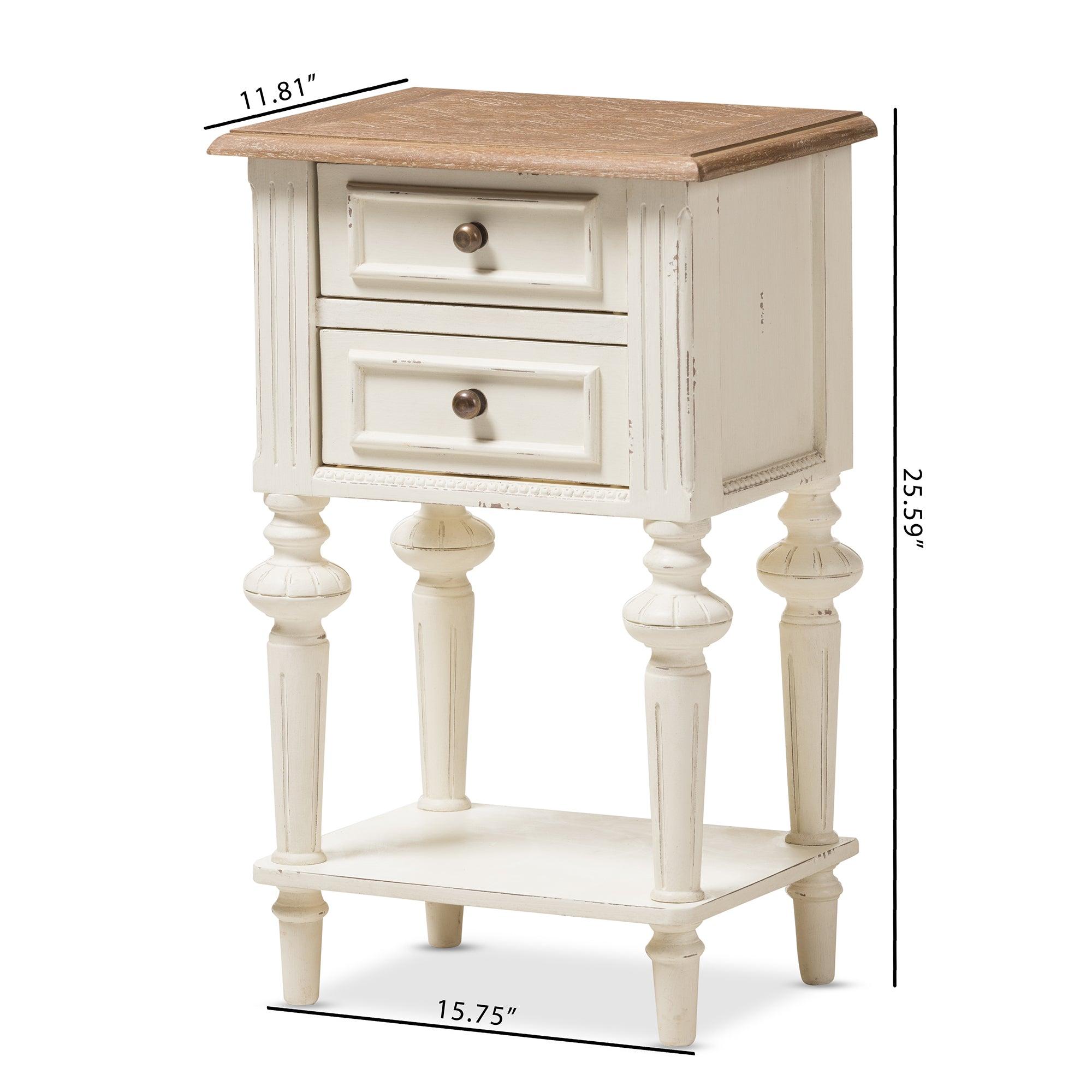 Marquetterie French Provincial Style Weathered and Wash Distressed Finish Wood Two-Tone 2-Drawer and 1-Shelf Nightstand