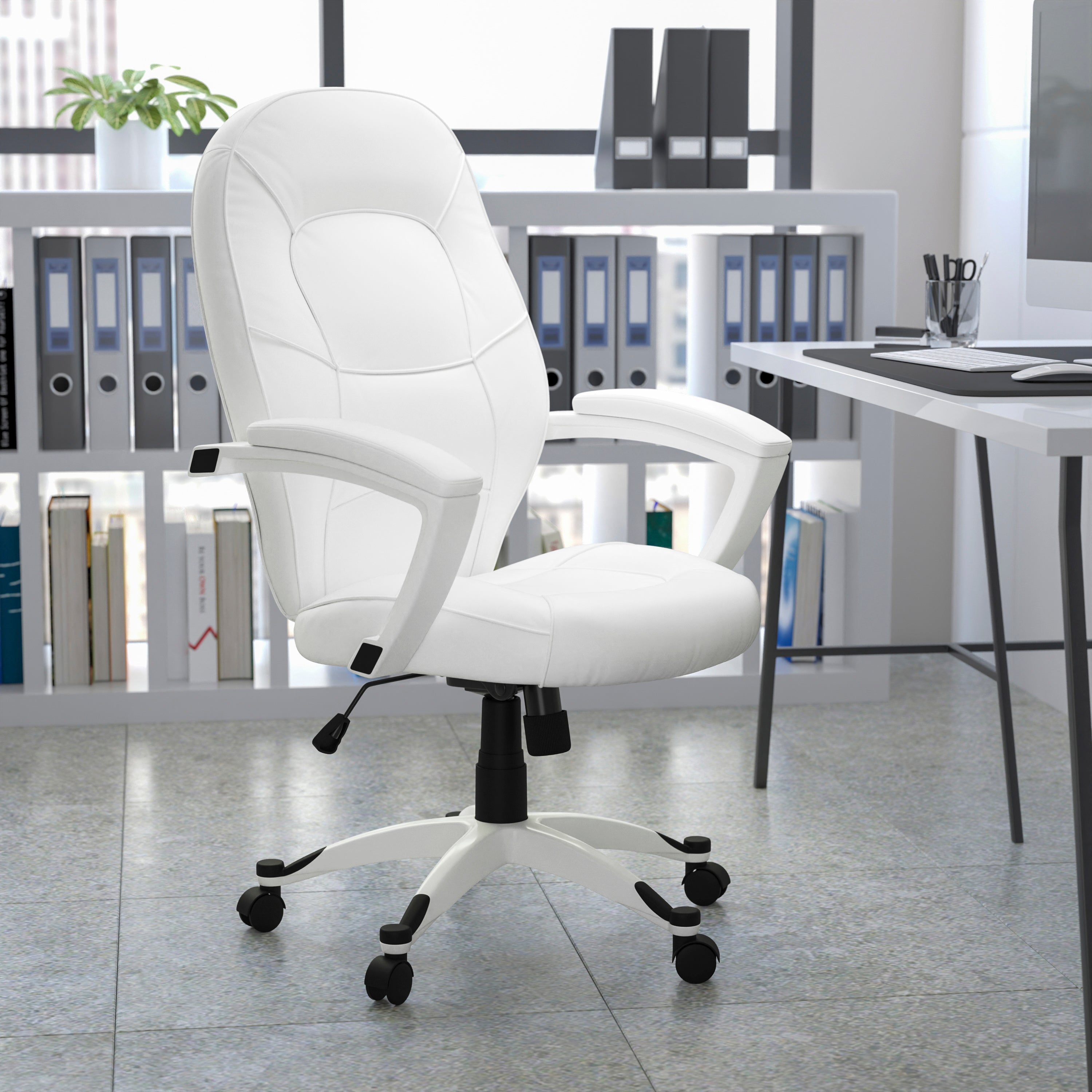 Mid-Back LeatherSoft Tapered Back Executive Swivel Office Chair with Base and Arms