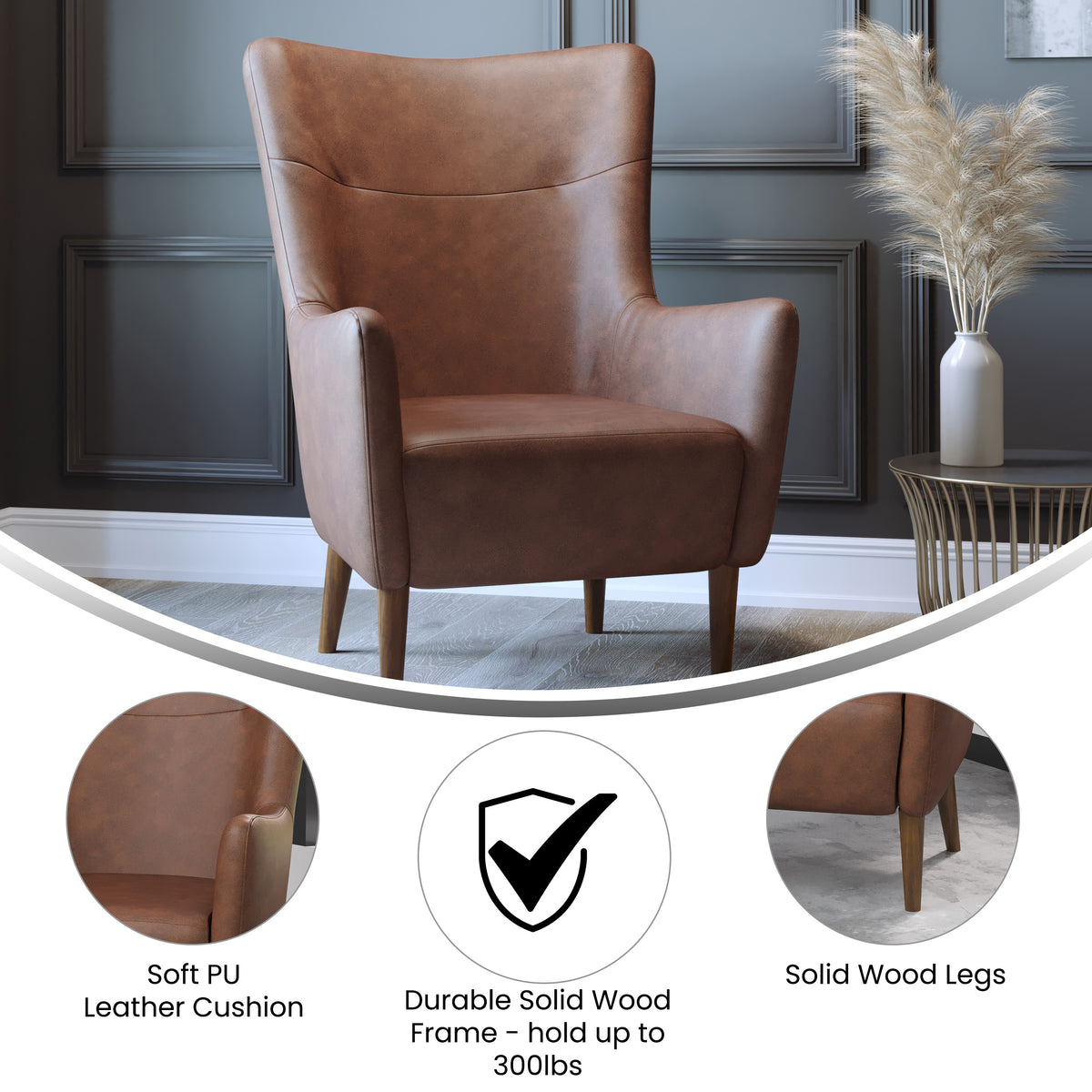Connor Traditional Wingback Accent Chair, Commercial Grade Upholstery and Wooden Frame and Legs