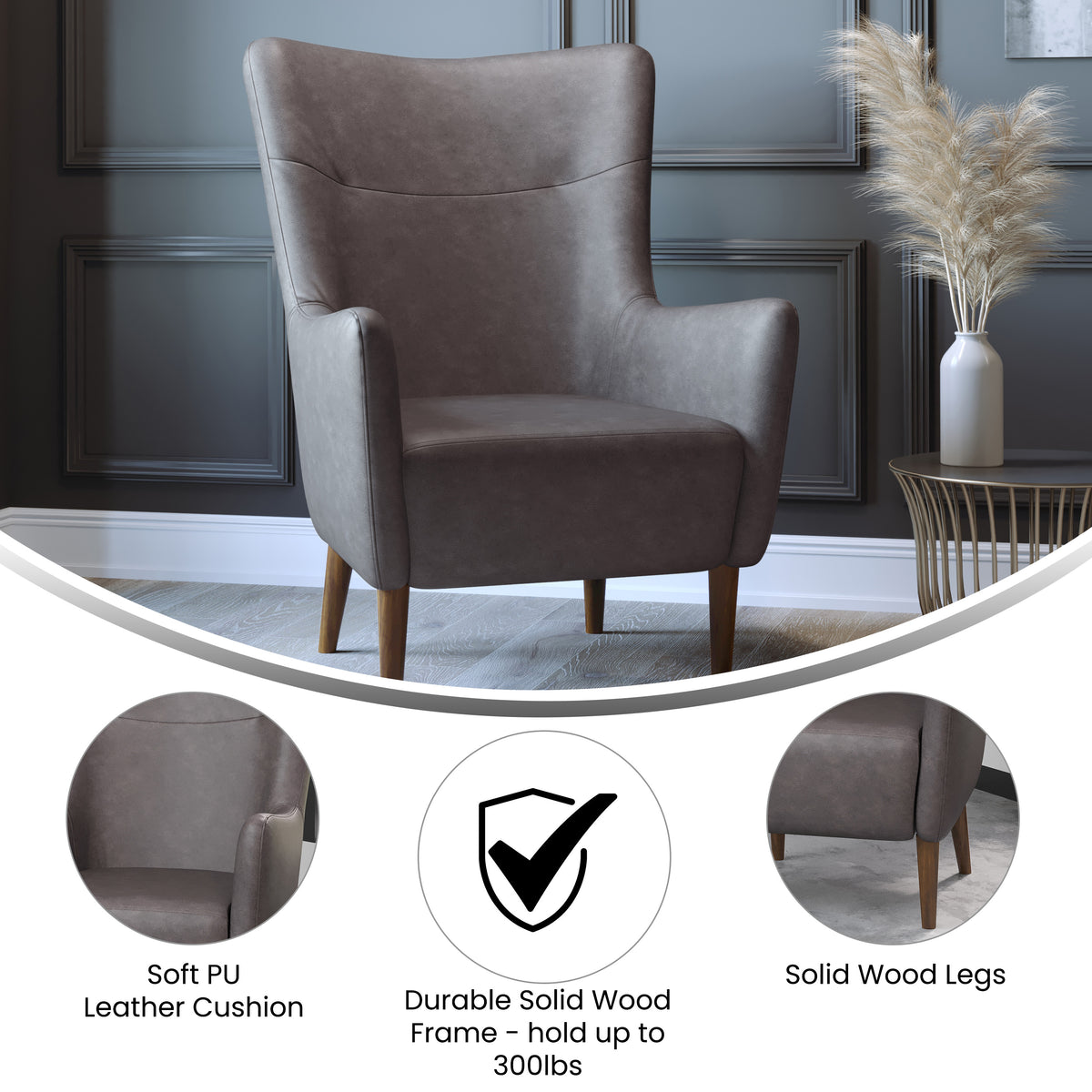 Connor Traditional Wingback Accent Chair, Commercial Grade Upholstery and Wooden Frame and Legs