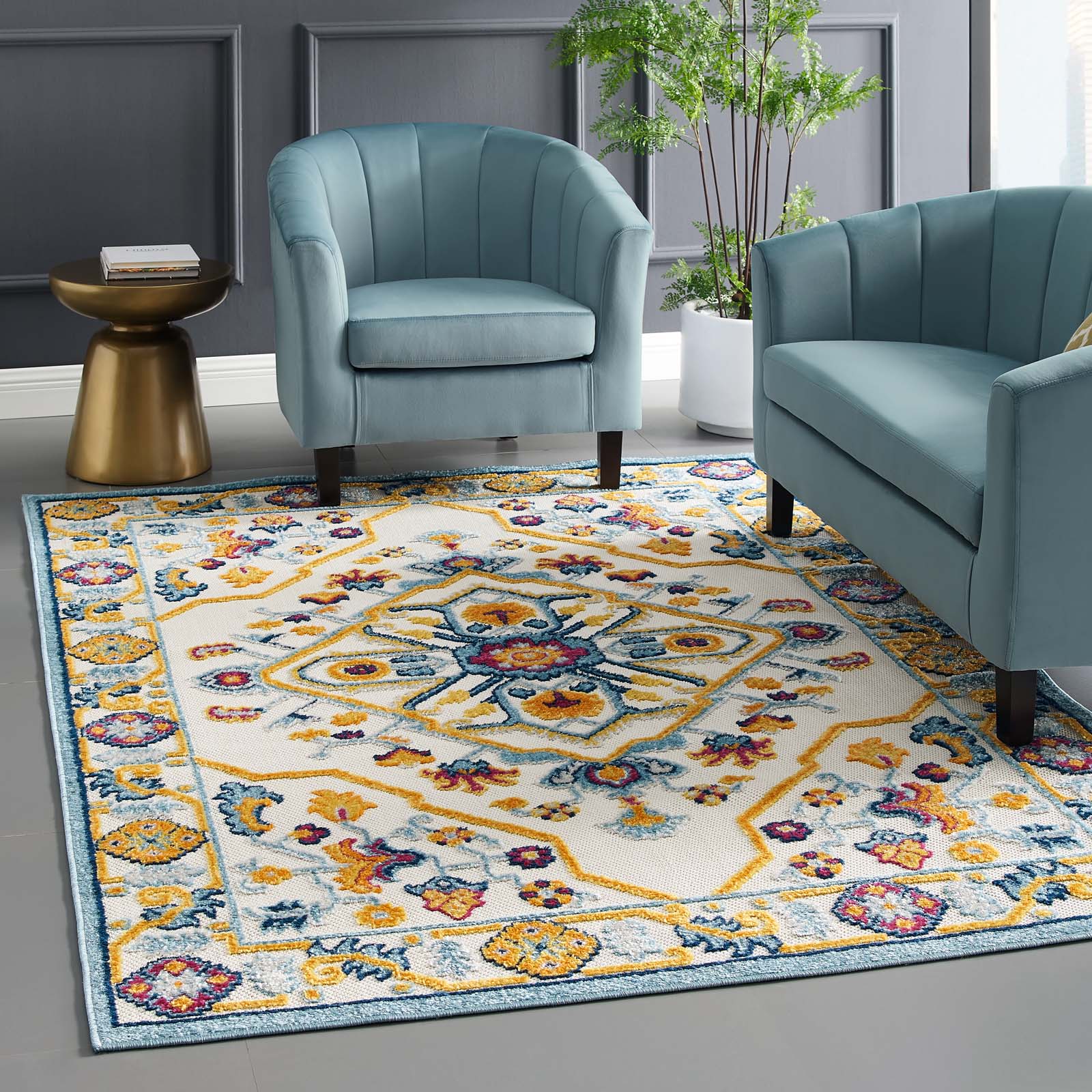 Reflect Freesia Distressed Floral Persian Medallion 5x8 Indoor and Outdoor Area Rug-Indoor and Outdoor Area Rug-Modway-Wall2Wall Furnishings