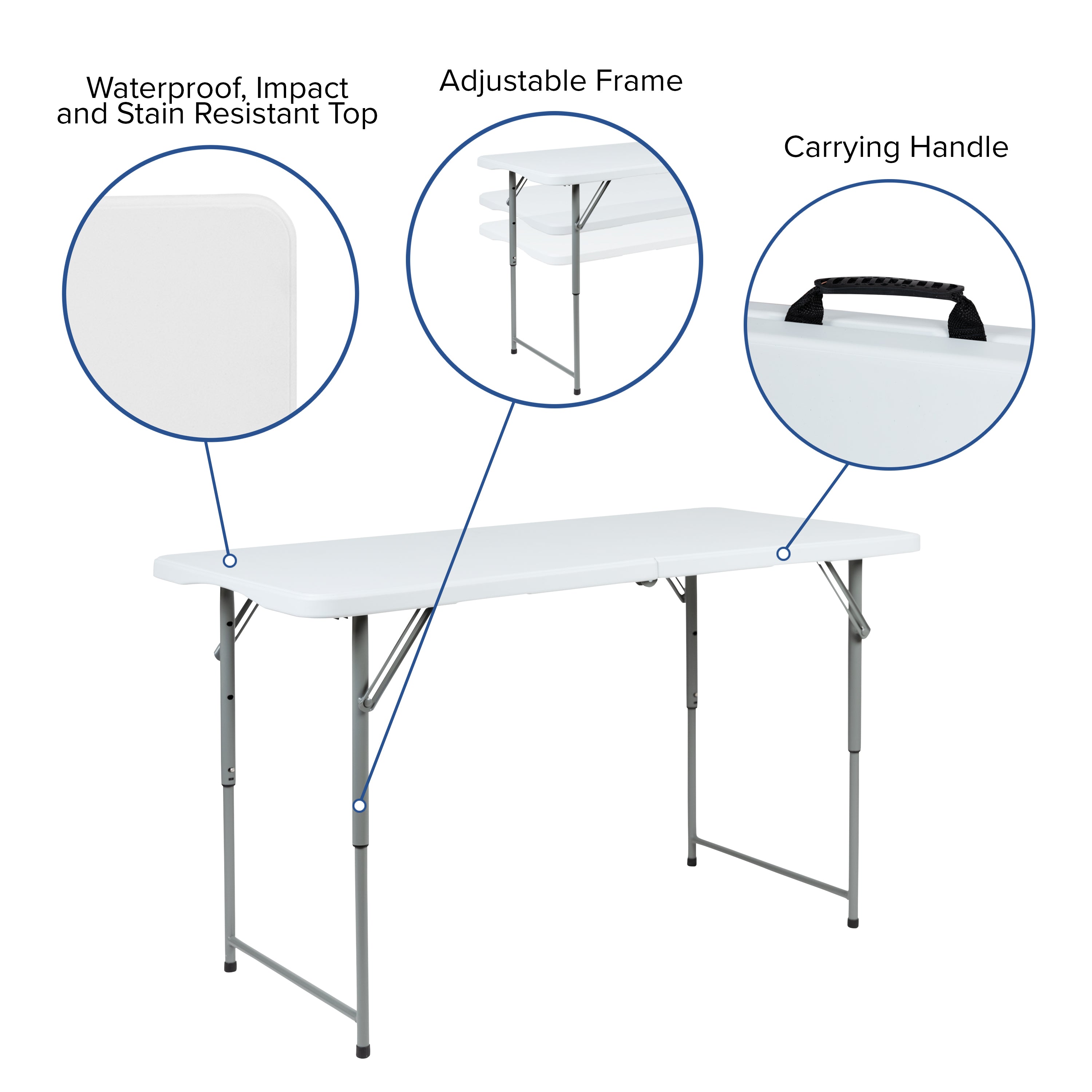 Height Adjustable Bi-Fold Plastic Folding Table with Carrying Handle-Rectangular Plastic Folding Table-Flash Furniture-Wall2Wall Furnishings
