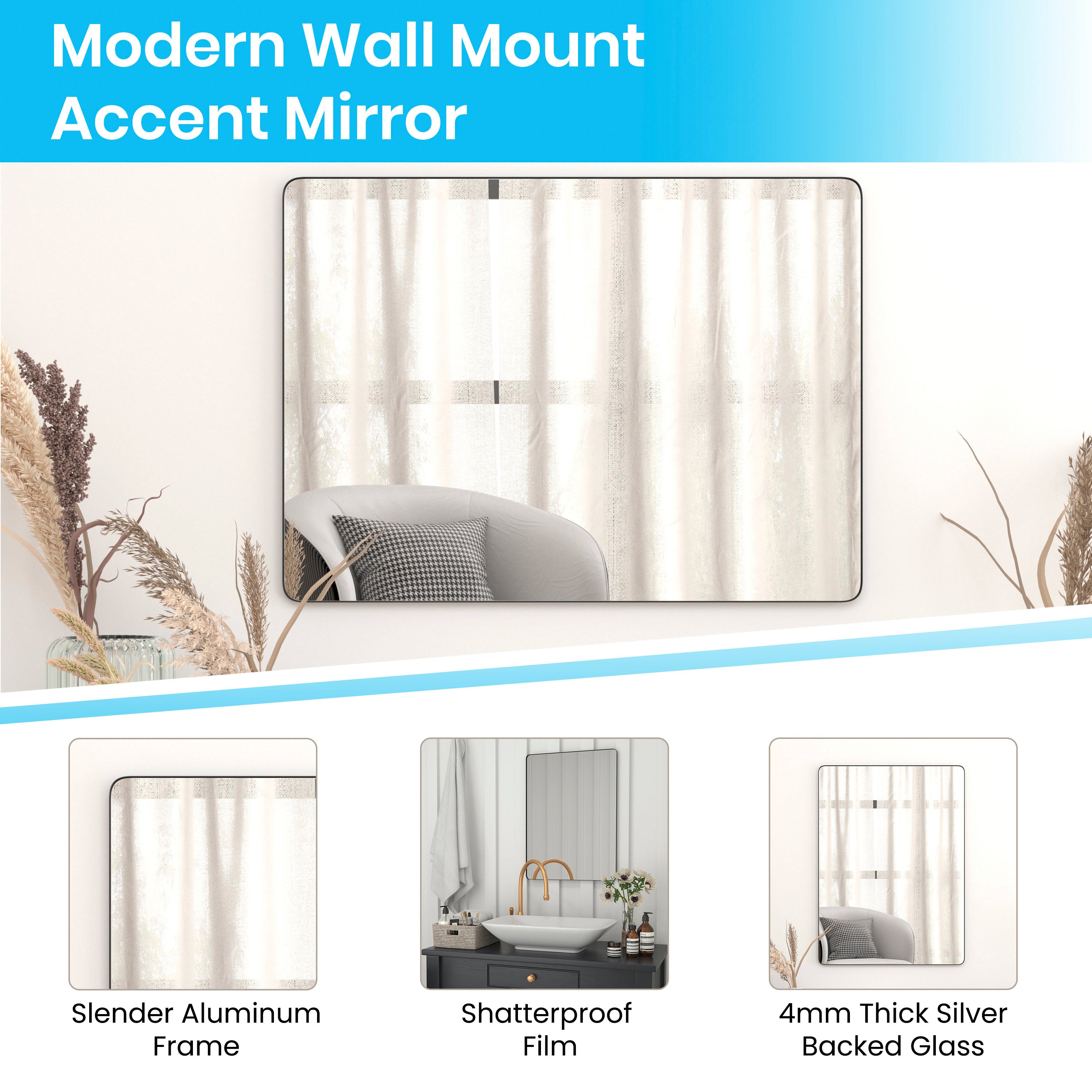 Decorative Wall Mirror - Rounded Corners - Hangs Horizontally Or Vertically - Bathroom & Living Room-Mirror-Flash Furniture-Wall2Wall Furnishings