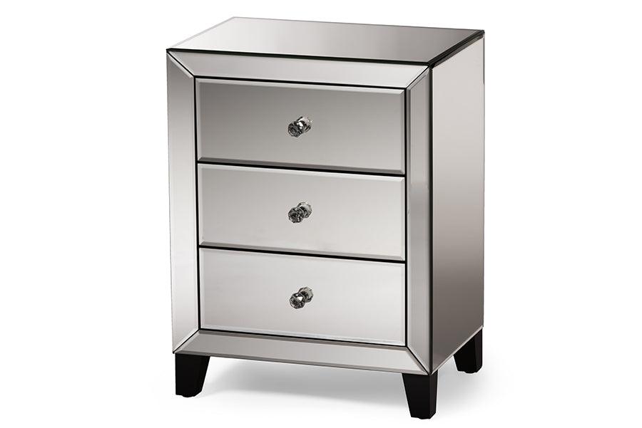 Chevron Modern and Contemporary Hollywood Regency Glamour Style Mirrored 3-Drawers End Table