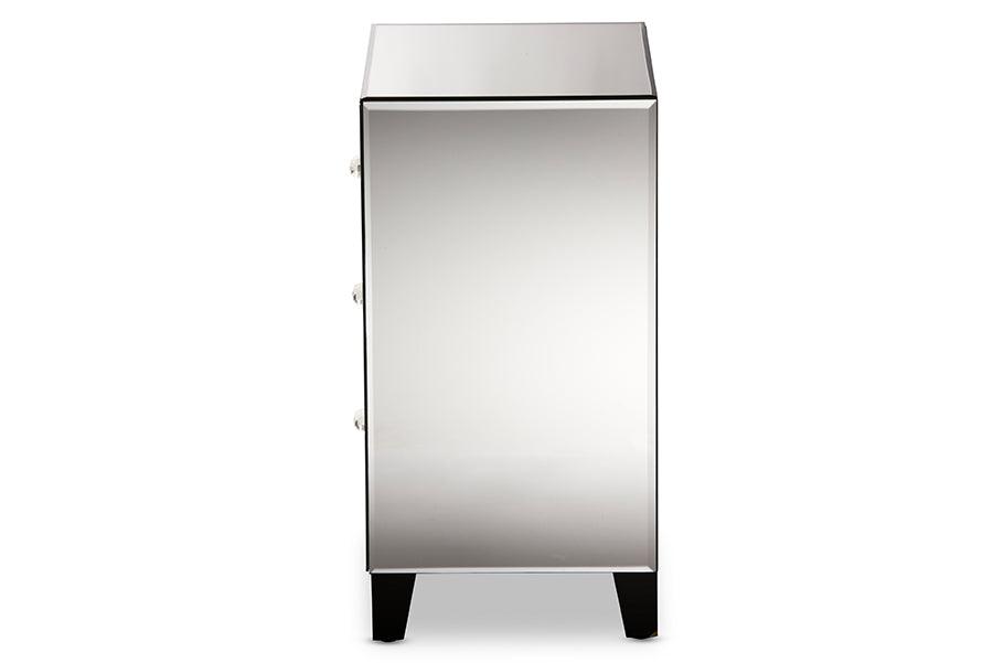 Chevron Modern and Contemporary Hollywood Regency Glamour Style Mirrored 3-Drawers End Table