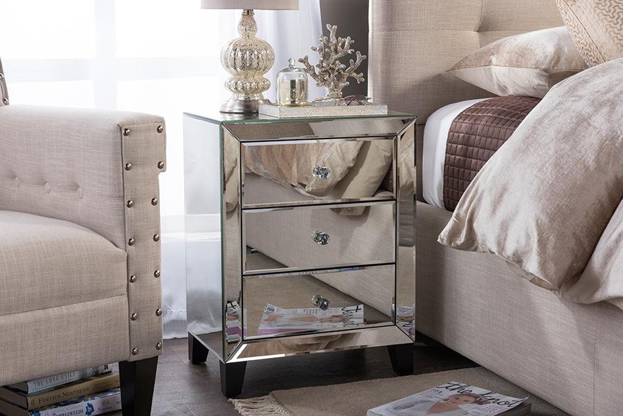 Chevron Modern and Contemporary Hollywood Regency Glamour Style Mirrored 3-Drawers End Table