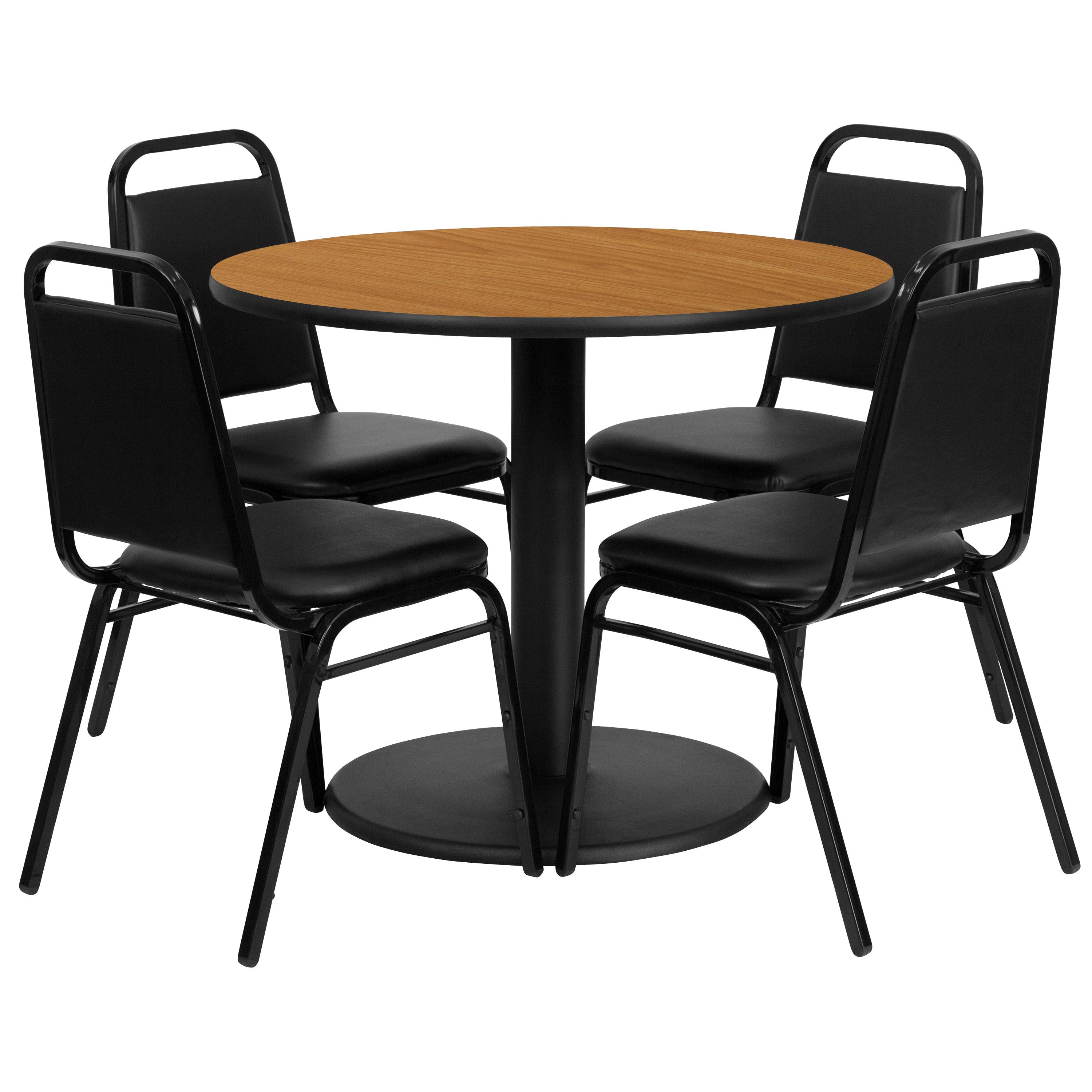 36'' Round Laminate Table Set with Round Base and 4 Trapezoidal Back Banquet Chairs-Laminate Restaurant Table and Chair Set-Flash Furniture-Wall2Wall Furnishings