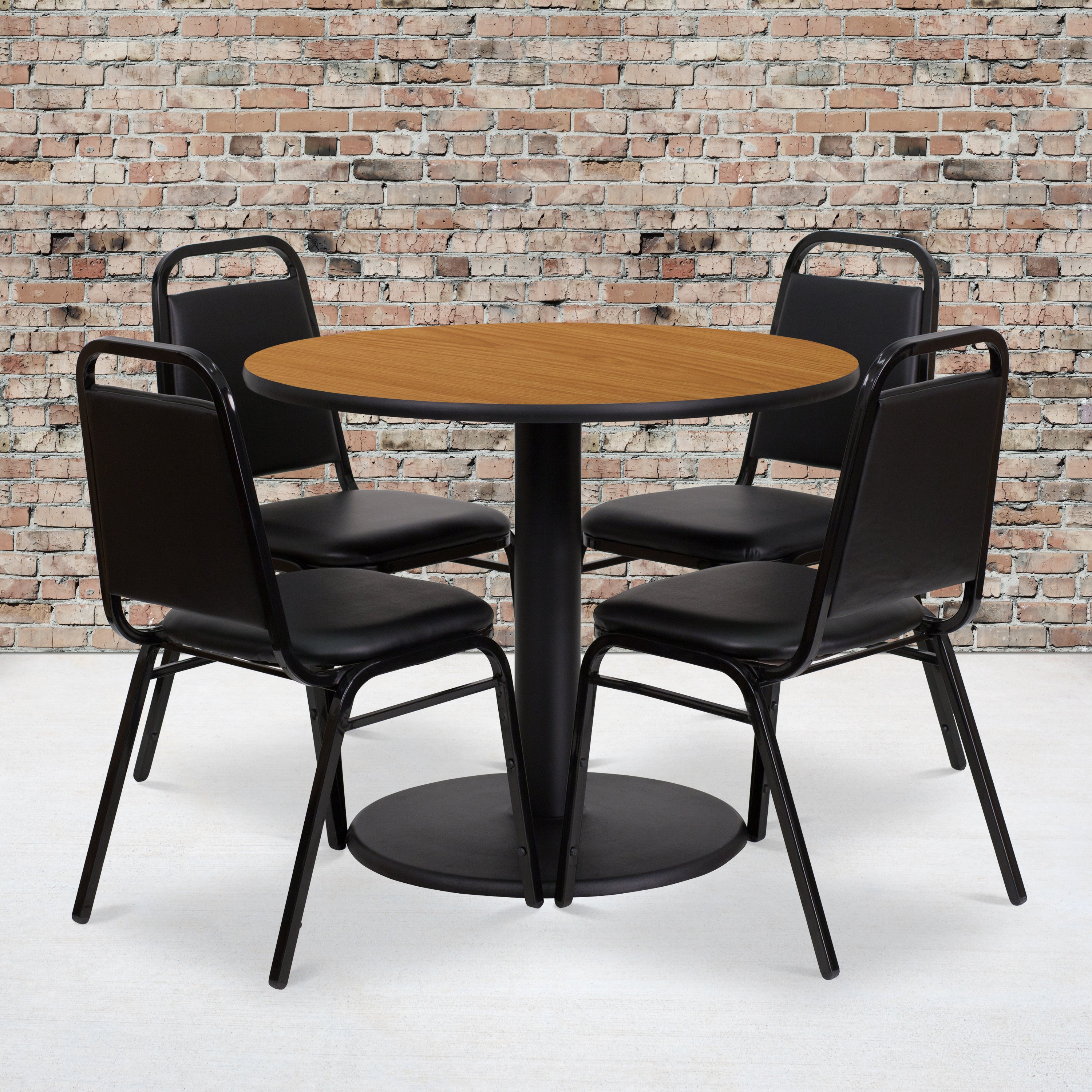 36'' Round Laminate Table Set with Round Base and 4 Trapezoidal Back Banquet Chairs-Laminate Restaurant Table and Chair Set-Flash Furniture-Wall2Wall Furnishings