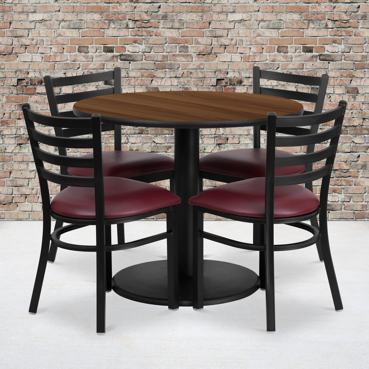 36'' Round Laminate Table Set with Round Base and 4 Ladder Back Metal Chairs