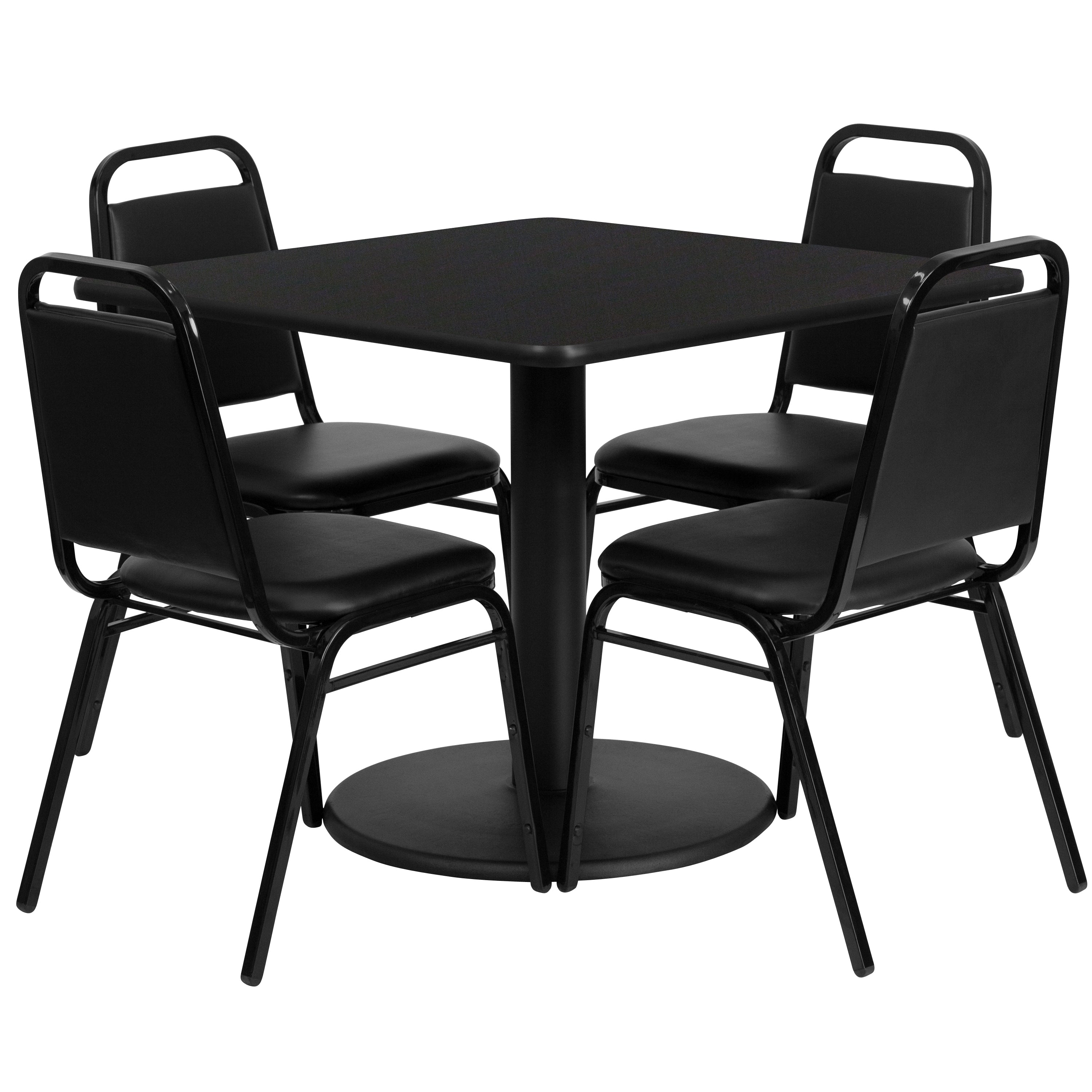 36'' Square Laminate Table Set with Round Base and 4 Trapezoidal Back Banquet Chairs-Laminate Restaurant Table and Chair Set-Flash Furniture-Wall2Wall Furnishings