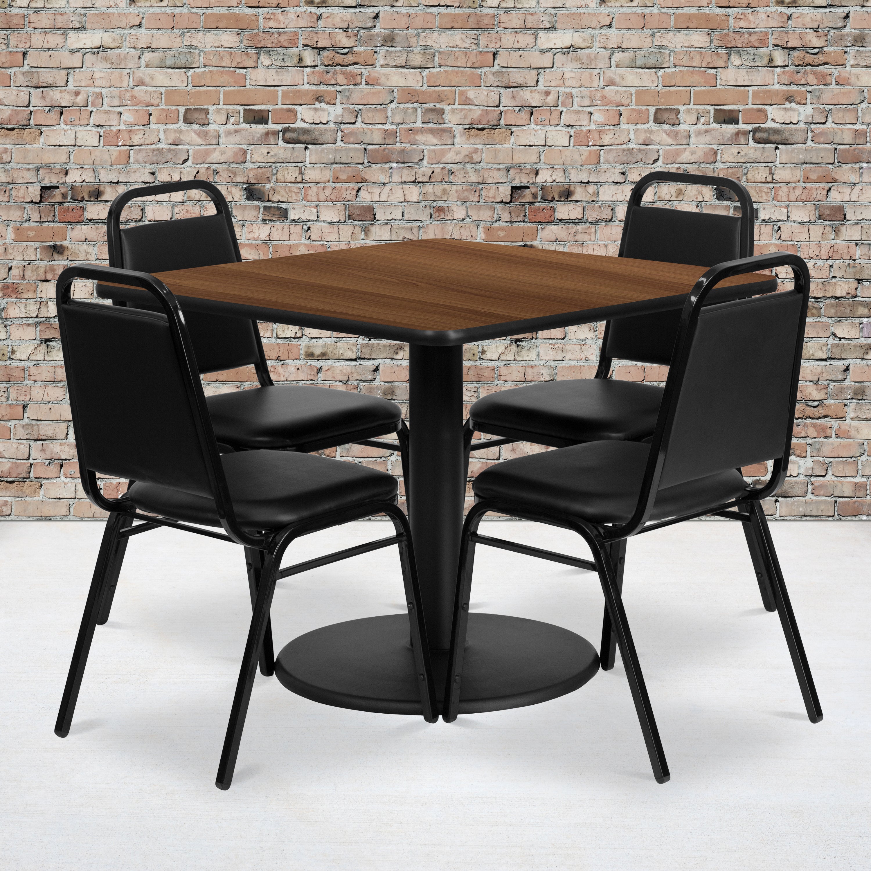 36'' Square Laminate Table Set with Round Base and 4 Trapezoidal Back Banquet Chairs-Laminate Restaurant Table and Chair Set-Flash Furniture-Wall2Wall Furnishings