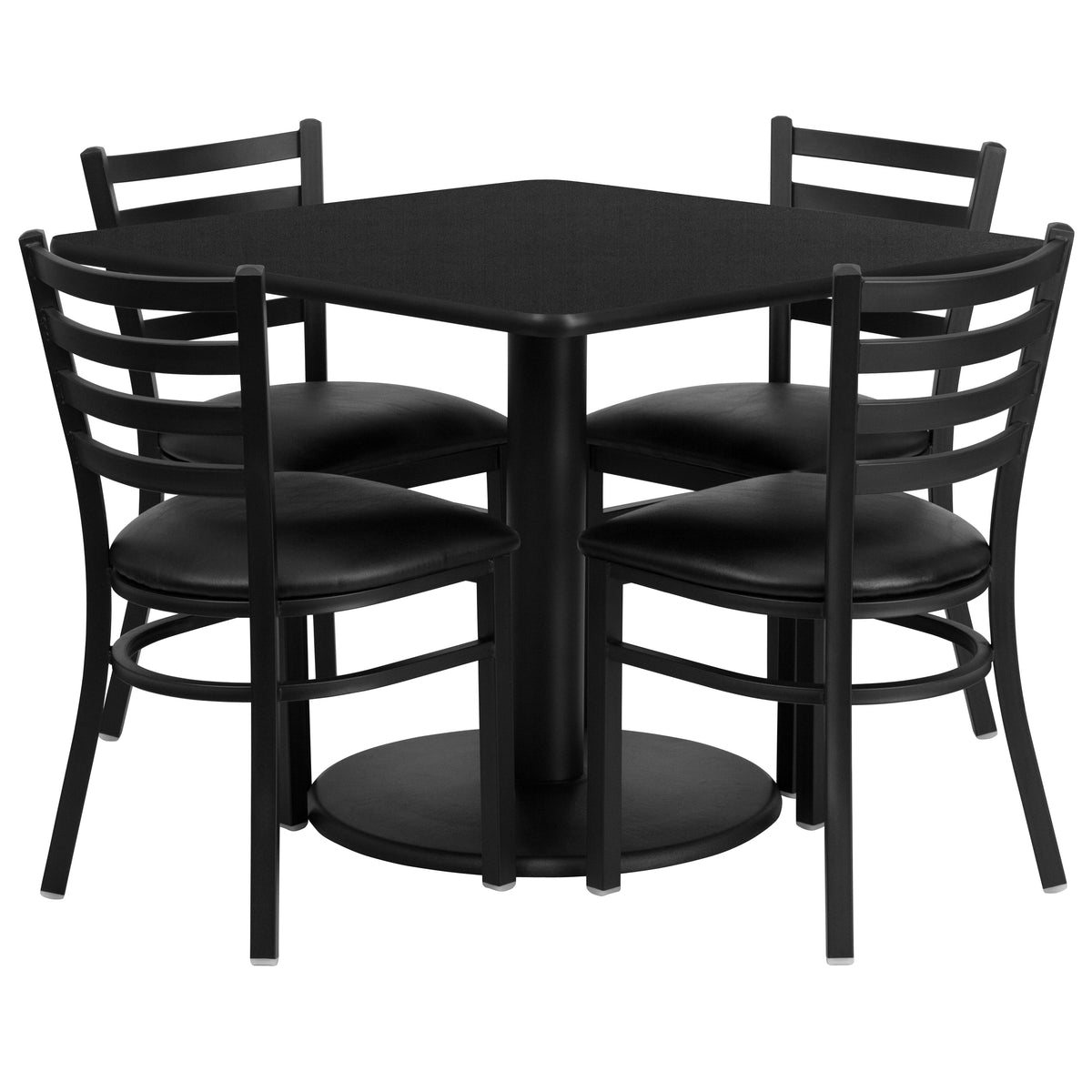 36'' Square Laminate Table Set with Round Base and 4 Ladder Back Metal Chairs
