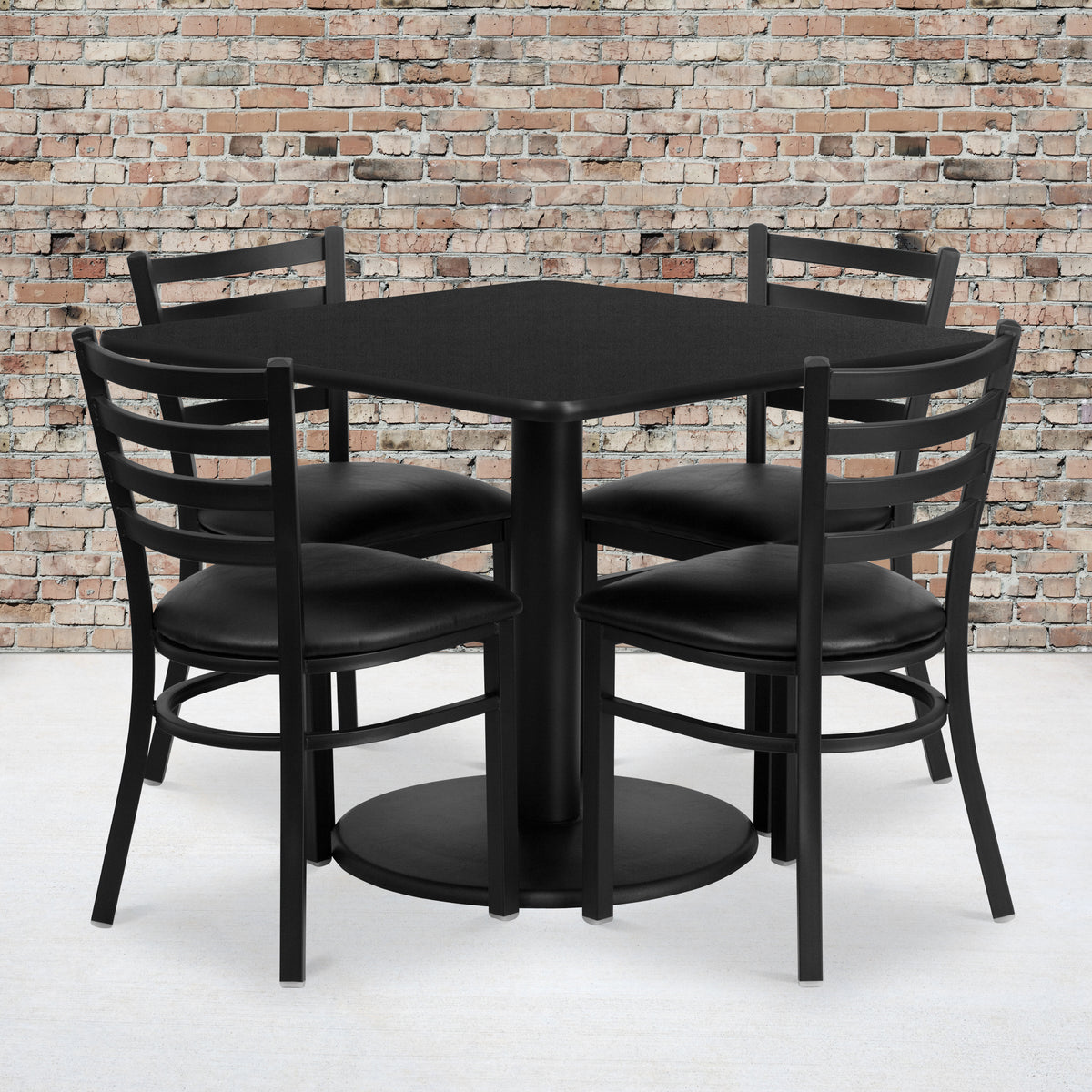 36'' Square Laminate Table Set with Round Base and 4 Ladder Back Metal Chairs