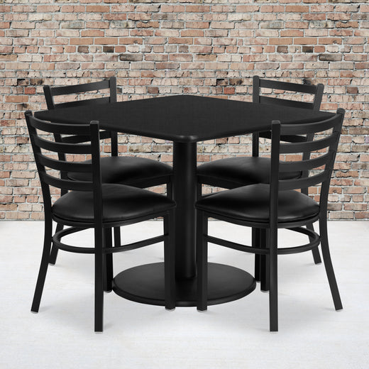 36'' Square Laminate Table Set with Round Base and 4 Ladder Back Metal Chairs