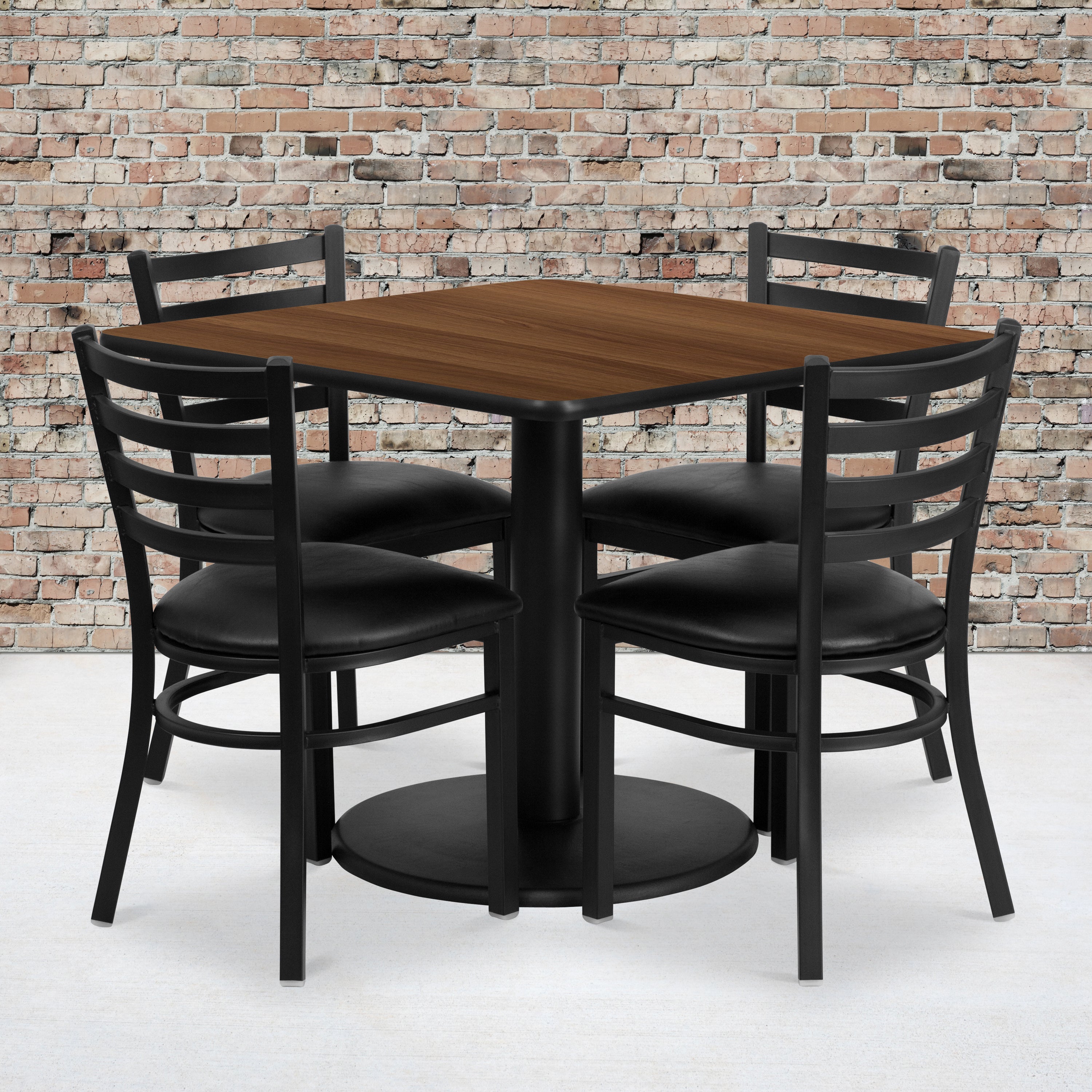 36'' Square Laminate Table Set with Round Base and 4 Ladder Back Metal Chairs-Laminate Restaurant Table and Chair Set-Flash Furniture-Wall2Wall Furnishings