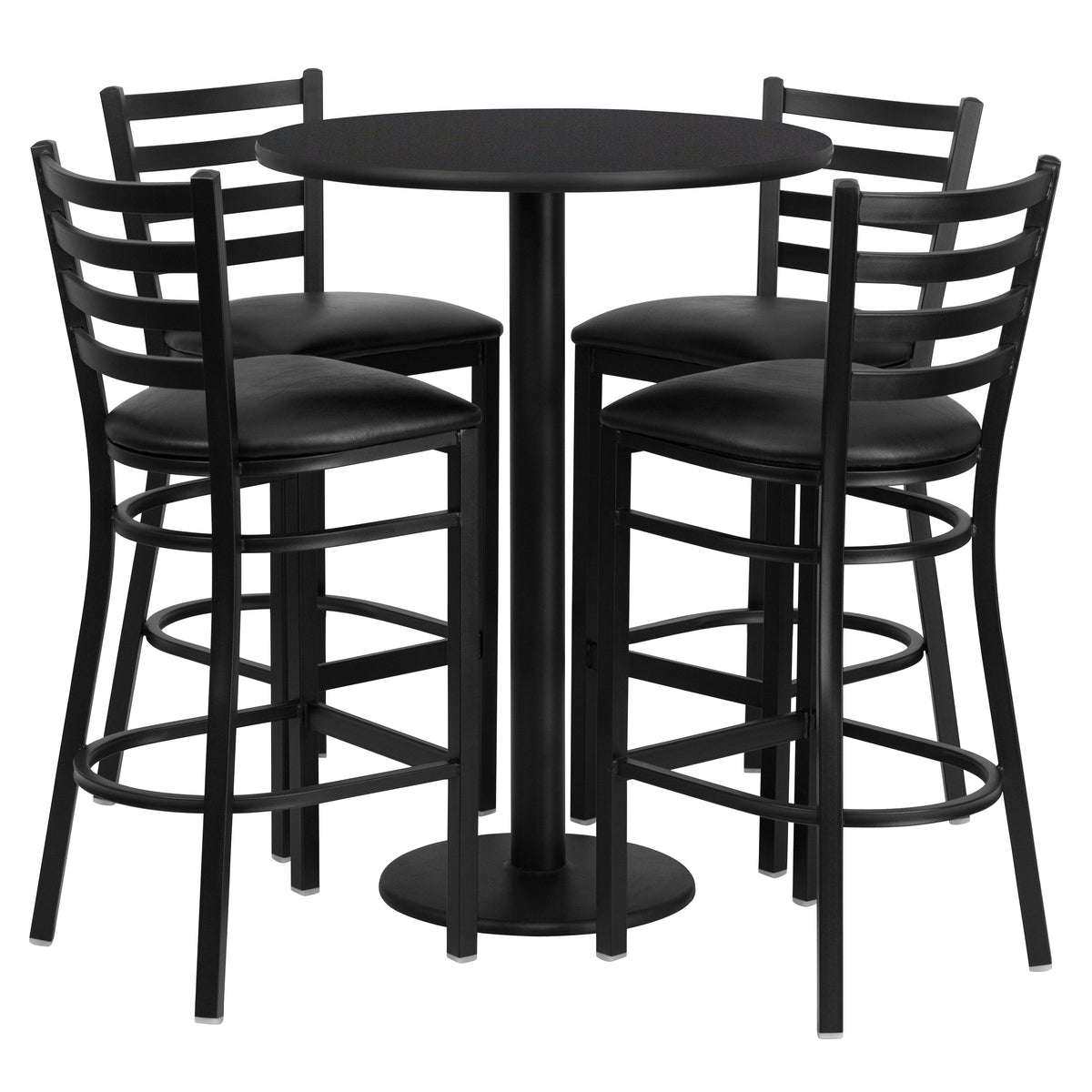 30'' Round Laminate Table Set with Round Base and 4 Ladder Back Metal Barstools