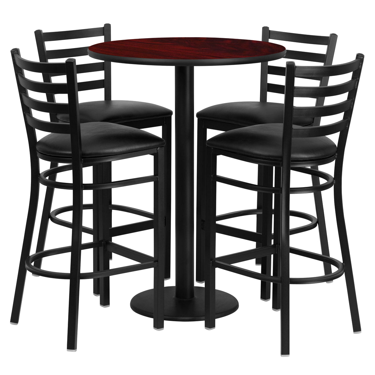 30'' Round Laminate Table Set with Round Base and 4 Ladder Back Metal Barstools