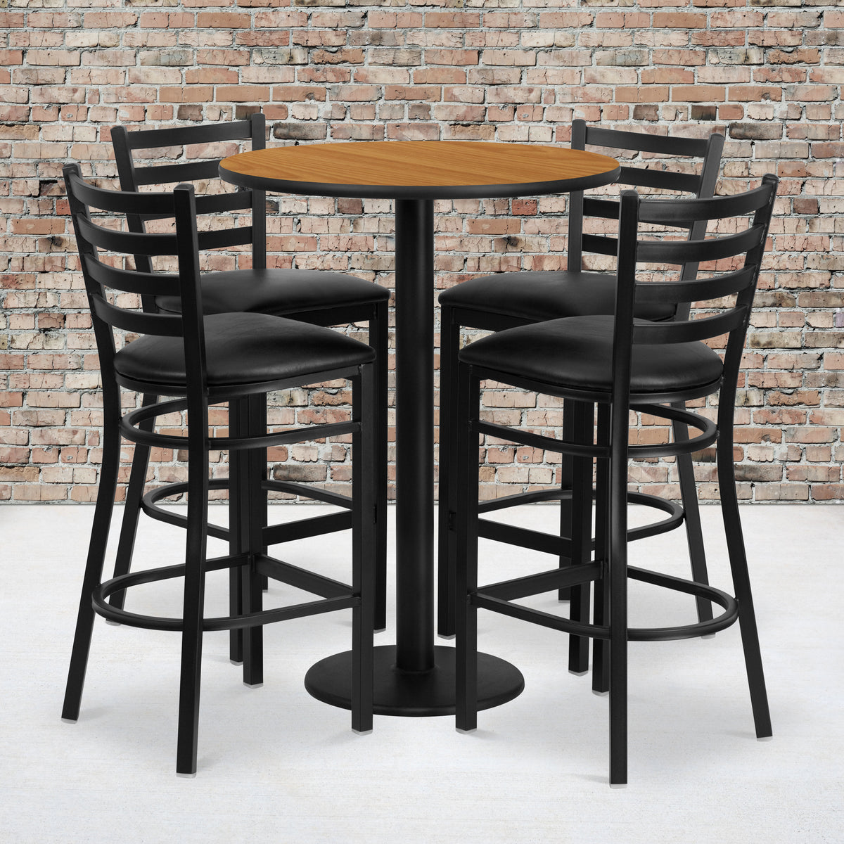 30'' Round Laminate Table Set with Round Base and 4 Ladder Back Metal Barstools