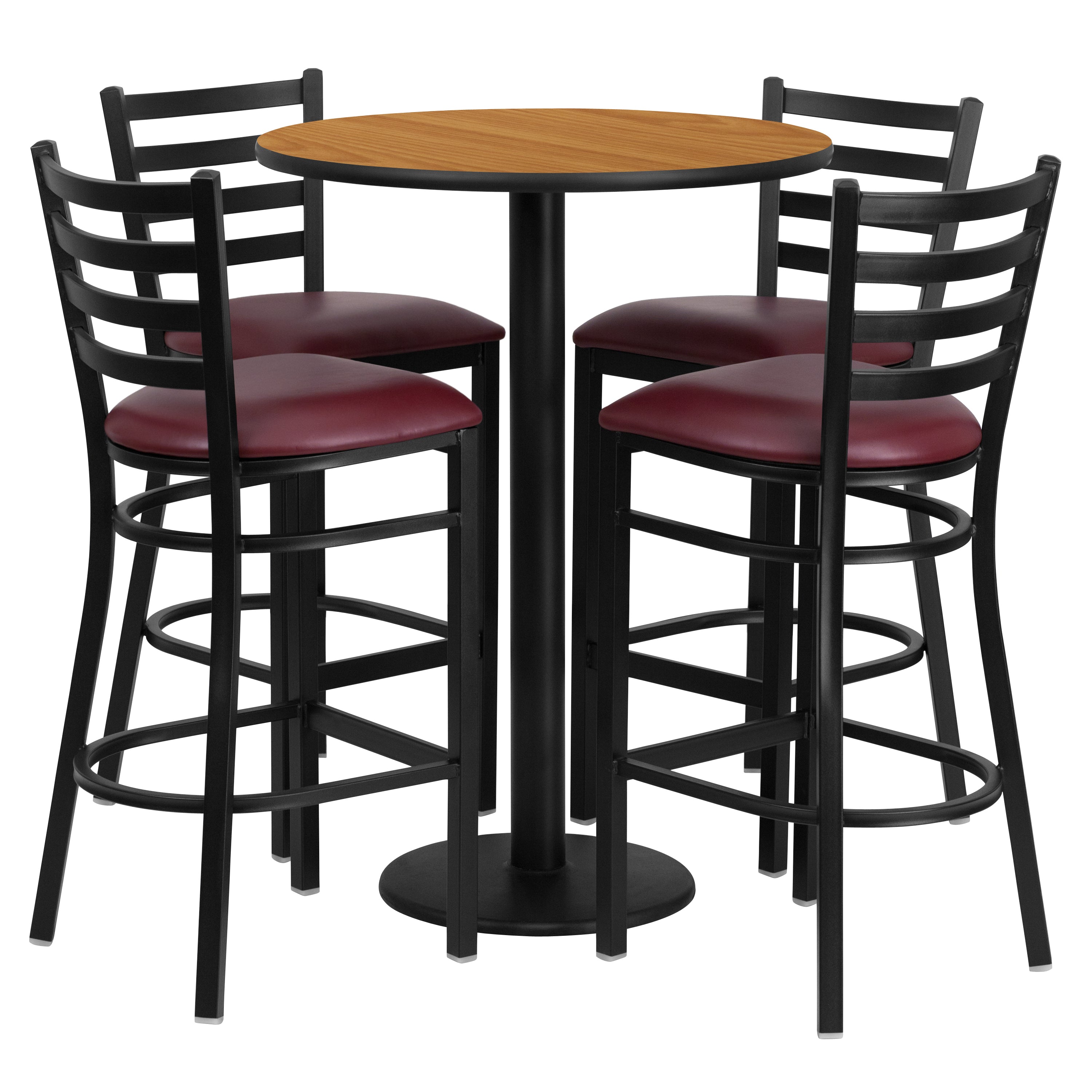 30'' Round Laminate Table Set with Round Base and 4 Ladder Back Metal Barstools-Laminate Restaurant Bar Table and Stool Set-Flash Furniture-Wall2Wall Furnishings