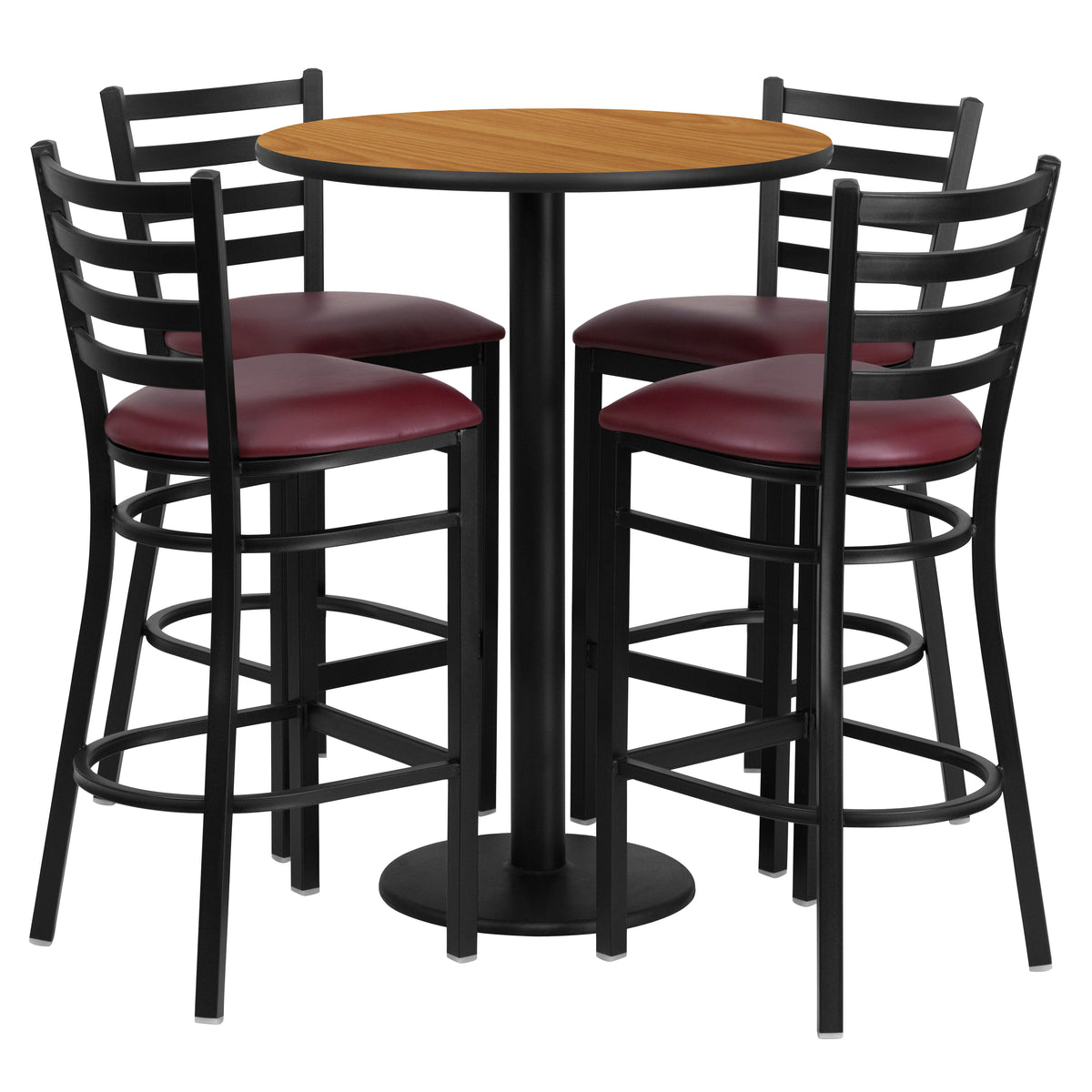 30'' Round Laminate Table Set with Round Base and 4 Ladder Back Metal Barstools