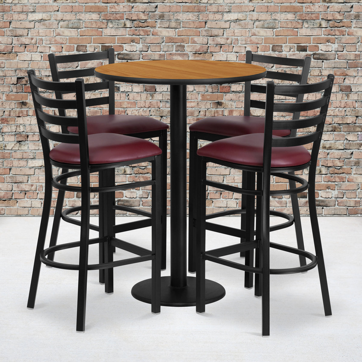 30'' Round Laminate Table Set with Round Base and 4 Ladder Back Metal Barstools