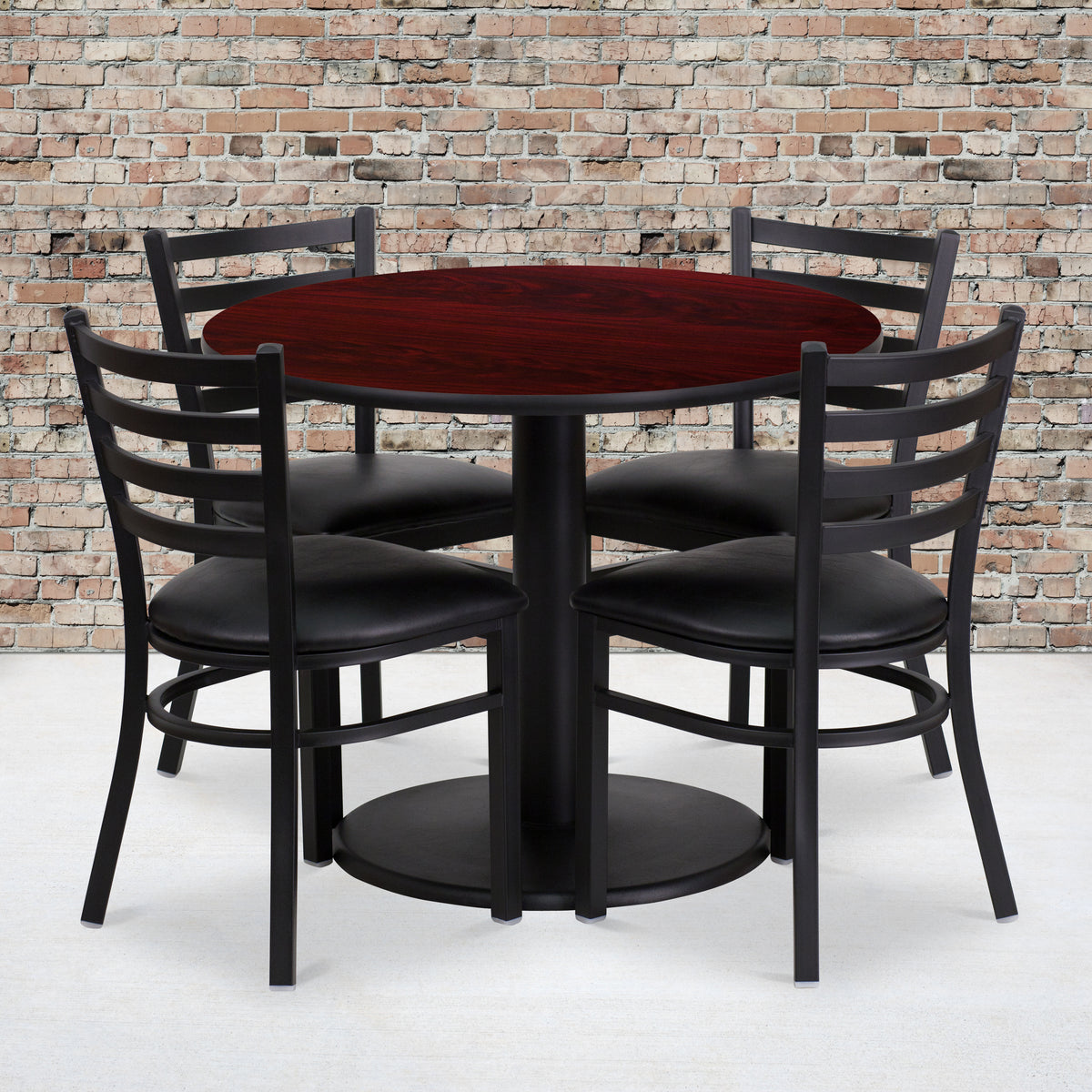 36'' Round Laminate Table Set with Round Base and 4 Ladder Back Metal Chairs